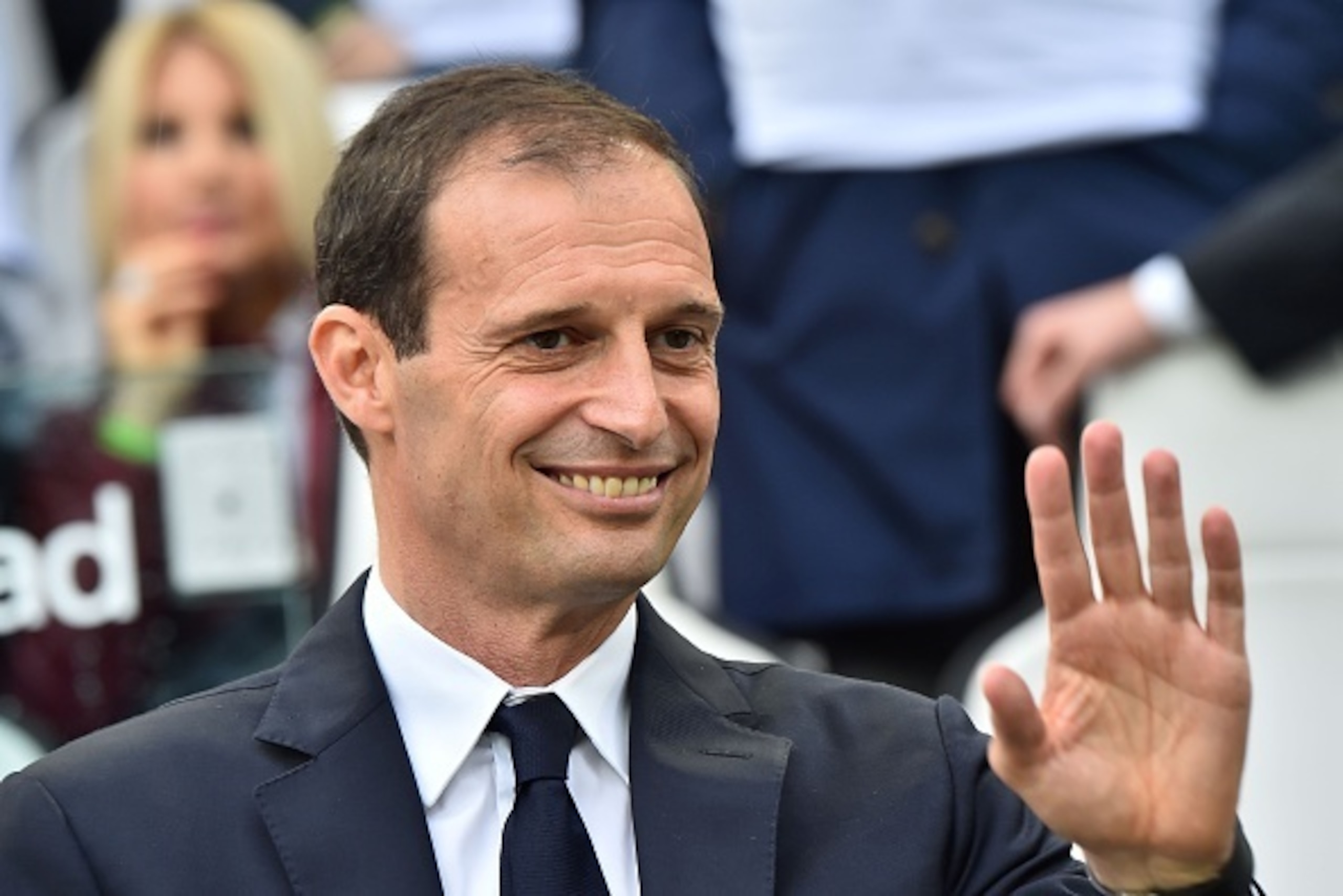 Juventus' coach from Italy Massimiliano Allegri celebrates after his team won the Italian Serie A football match Juventus vs Sampdoria on May 14, 2016 at the Juventus Stadium in Turin. 
Juventus celebrates a record-equalling fifth consecutive Serie A titl