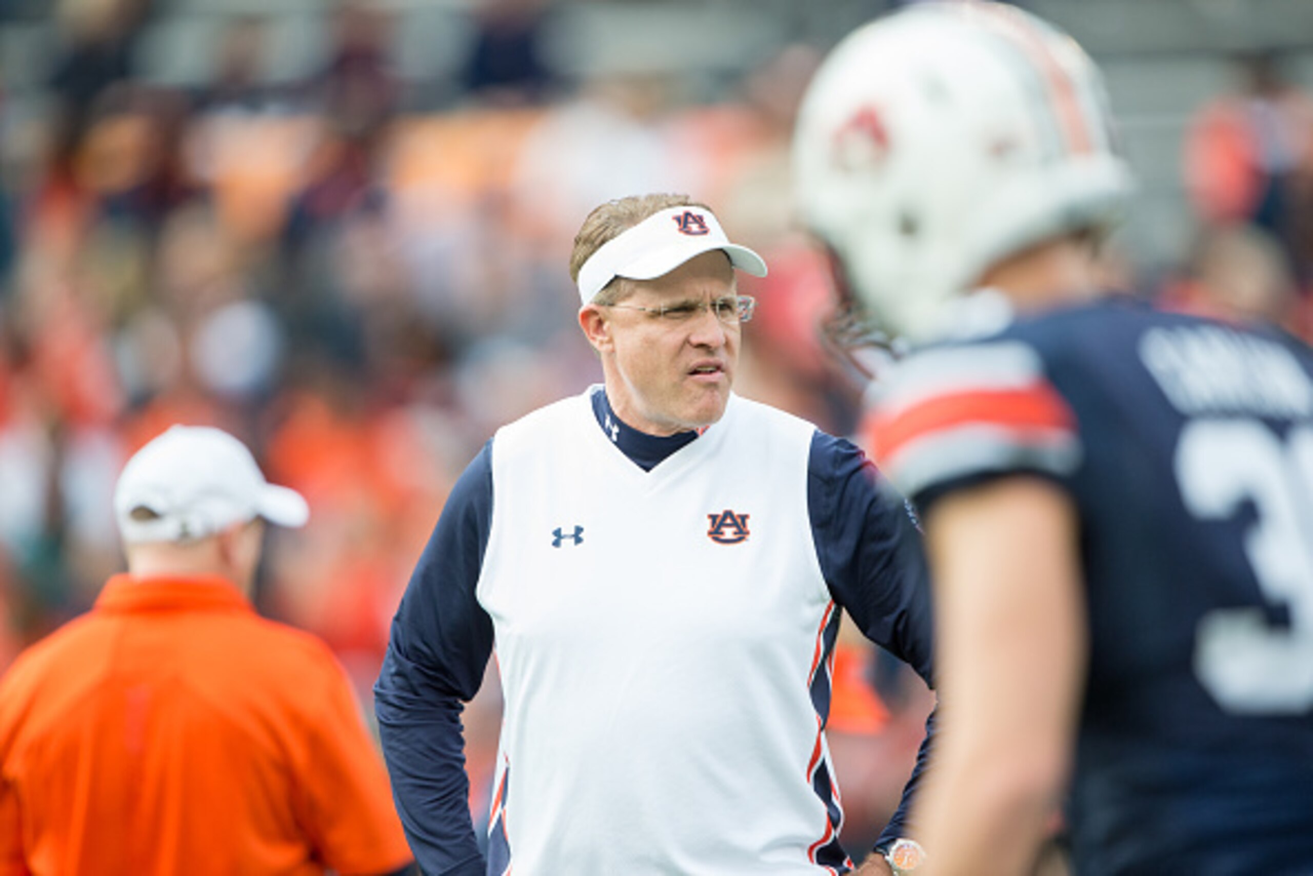 AUBURN, AL - NOVEMBER 21: Head coach Gus Malzahn of the Auburn Tigers prior to their game against the Idaho Vandals on November 21, 2015 at Jordan-Hare Stadium in Auburn, Alabama. (Photo by Michael Chang/Getty Images)
