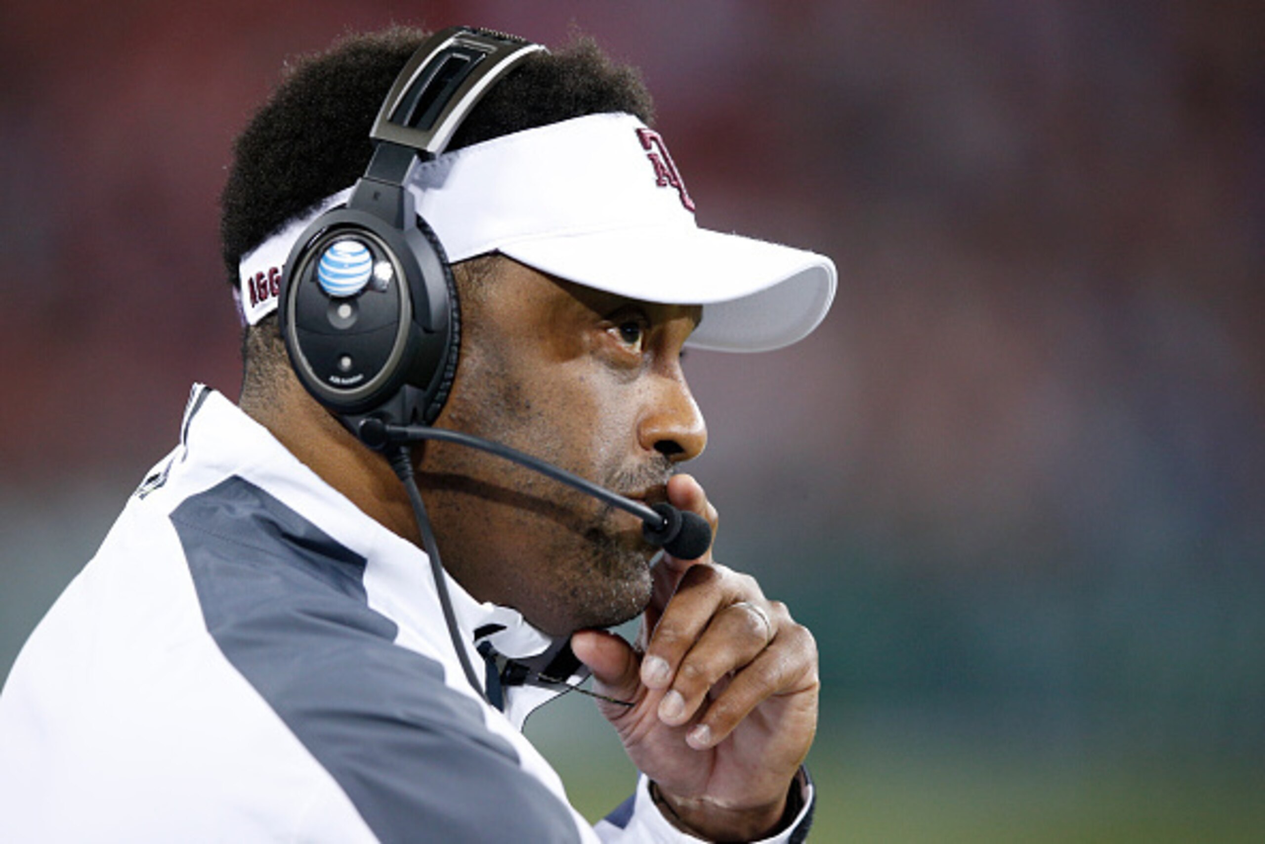 NASHVILLE, TN - DECEMBER 30: Head coach Kevin Sumlin of the Texas A&M Aggies looks on against the Louisville Cardinals during the Franklin American Mortgage Music City Bowl at Nissan Stadium on December 30, 2015 in Nashville, Tennessee. Louisville defeate