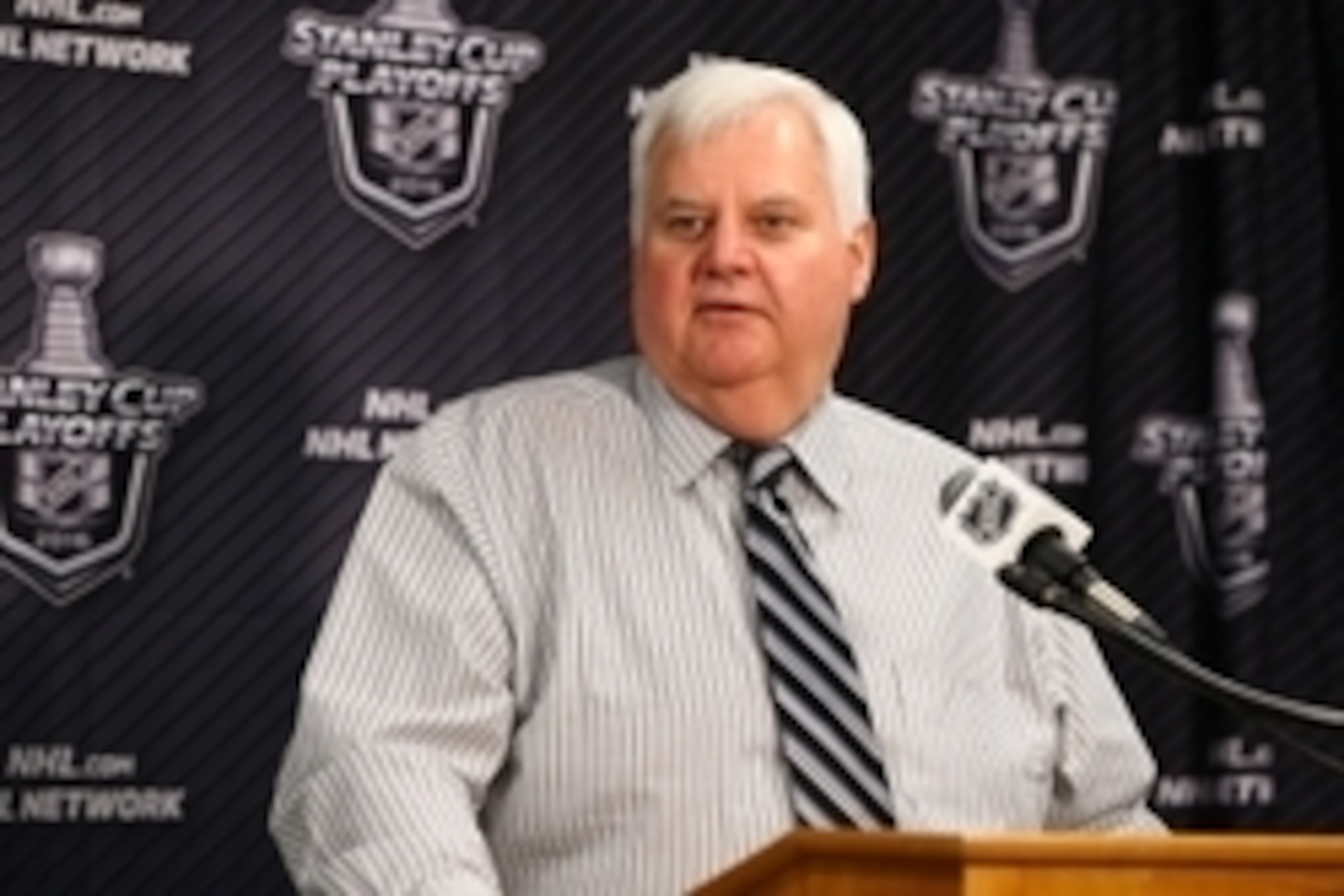 Apr 15, 2016; St. Louis, MO, USA; St. Louis Blues head coach Ken Hitchcock speaks with the media following game two of the first round of the 2016 Stanley Cup Playoffs at Scottrade Center. The Blackhawks won the game 3-2. Mandatory Credit: Billy Hurst-USA Apr 15, 2016; St. Louis, MO, USA; St. Louis Blues head coach Ken Hitchcock speaks with the media following game two of the first round of the 2016 Stanley Cup Playoffs at Scottrade Center. The Blackhawks won the game 3-2. Mandatory Credit: Billy Hurst-USA