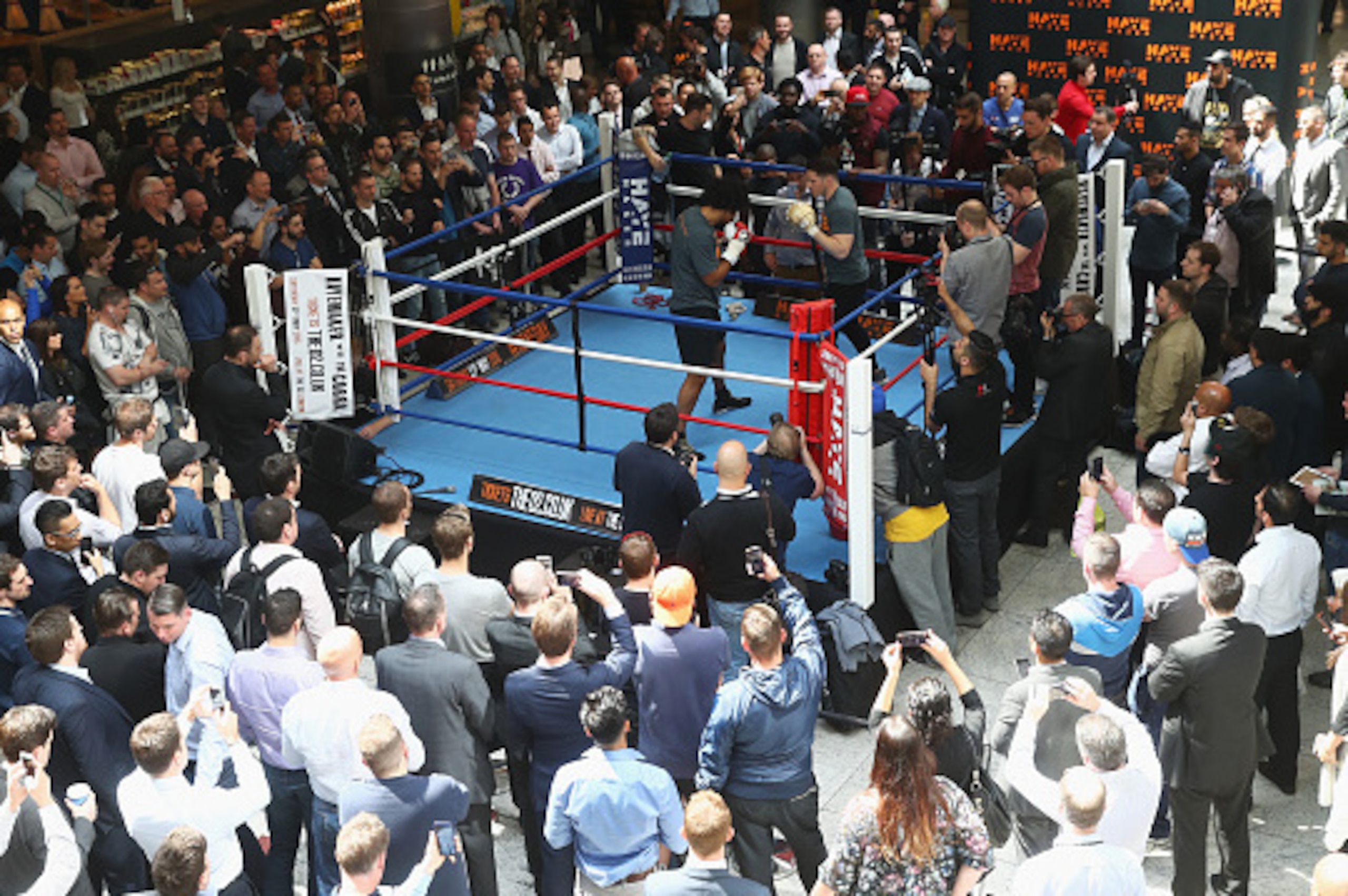 LONDON, ENGLAND - MAY 16:  David Haye of Great Britain takes part in his media work out ahead of his fight against Arnold Gjergjaj at Jubilee Place, Canary Wharf on May 16, 2016 in London, England.  (Photo by Julian Finney/Getty Images)