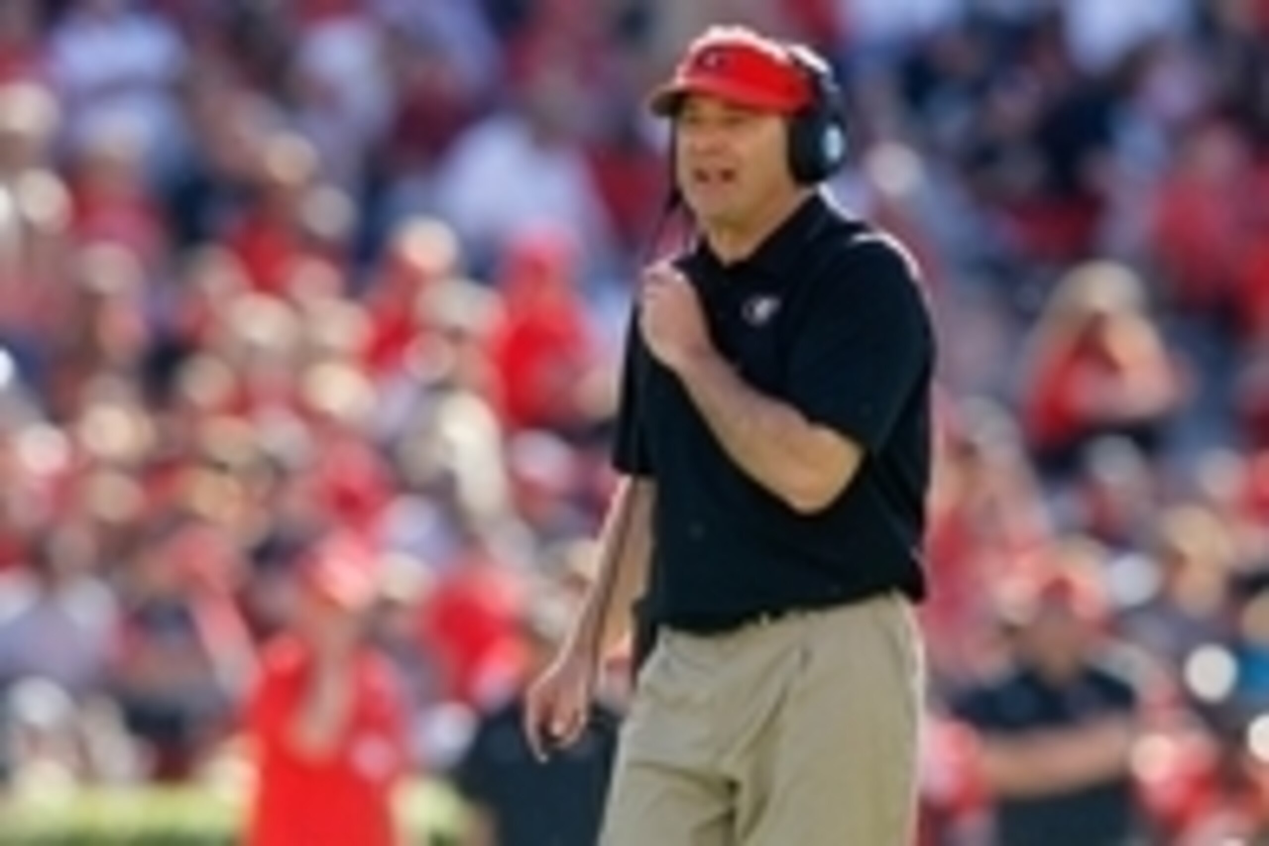 Apr 16, 2016; Athens, GA, USA; Georgia Bulldogs head coach Kirby Smart coaches during the second half of the spring game at Sanford Stadium. The Black team defeated the Red team 34-14. Mandatory Credit: Brett Davis-USA TODAY Sports