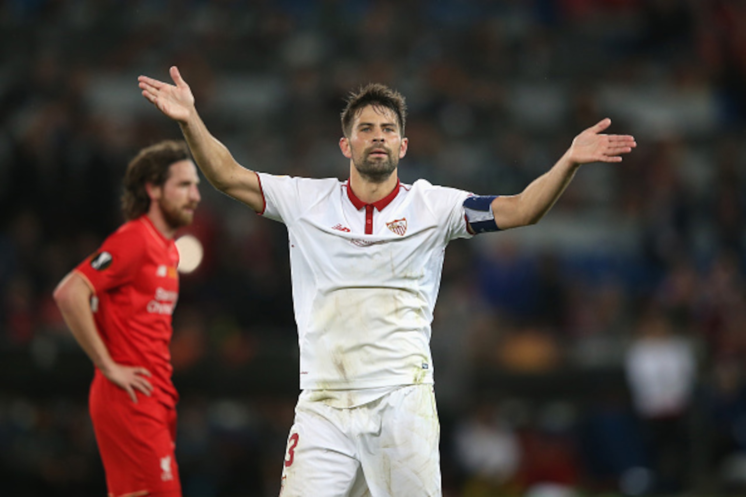BASEL, SWITZERLAND - MAY 18: Coke of Sevilla reacts during the UEFA Europa League Final match between Liverpool and Sevilla at St. Jakob-Park on May 18, 2016 in Basel, Switzerland.  (Photo by Lars Baron/Getty Images)
