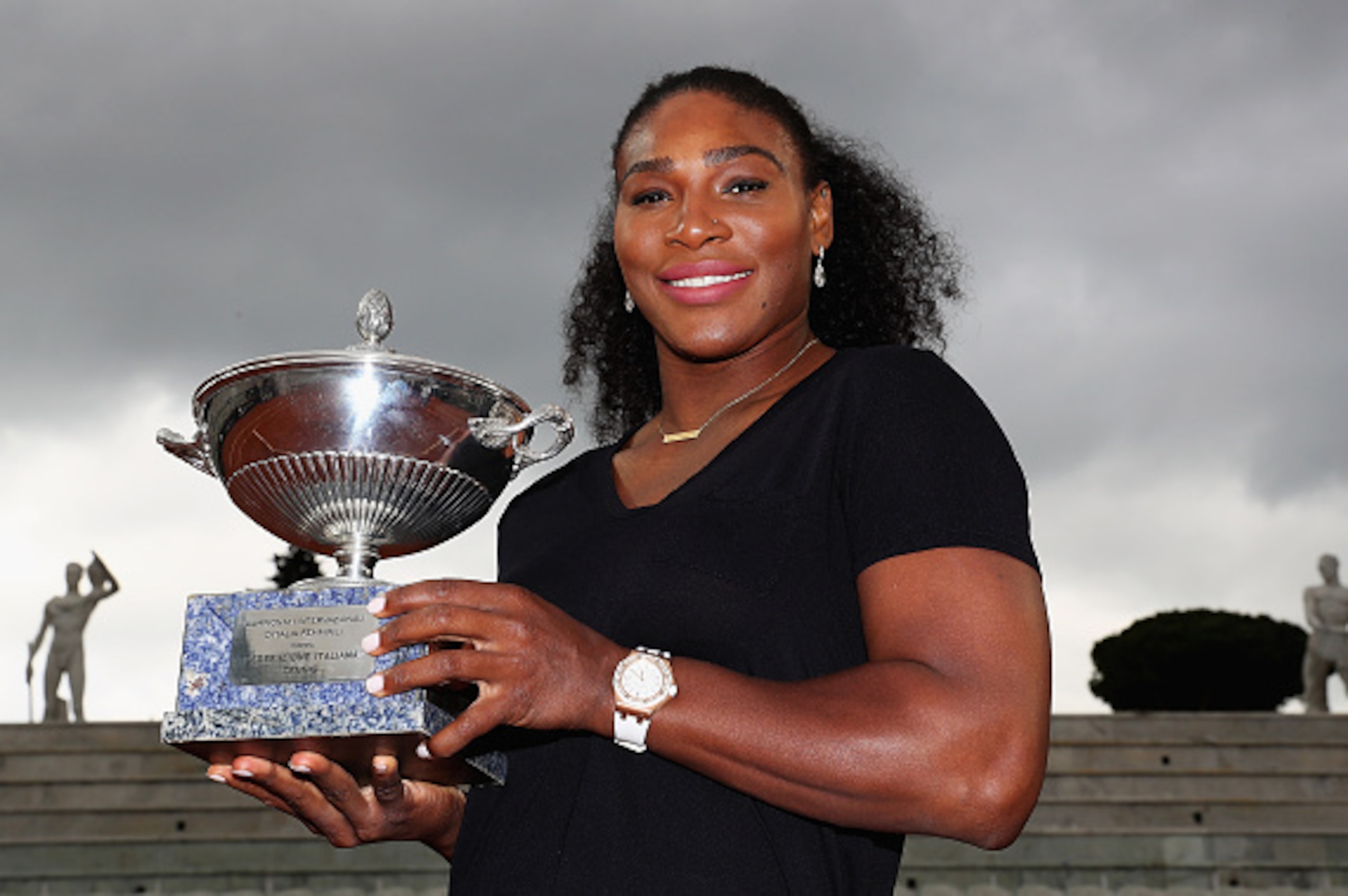 ROME, ITALY - MAY 15:  Serena Williams of the United States pictured with the trophy after winning against Madison Keys of the United States during the Womens Singles Finalduring day eight of The Internazionali BNL d'Italia 2016 on May 15, 2016 in Rome, I