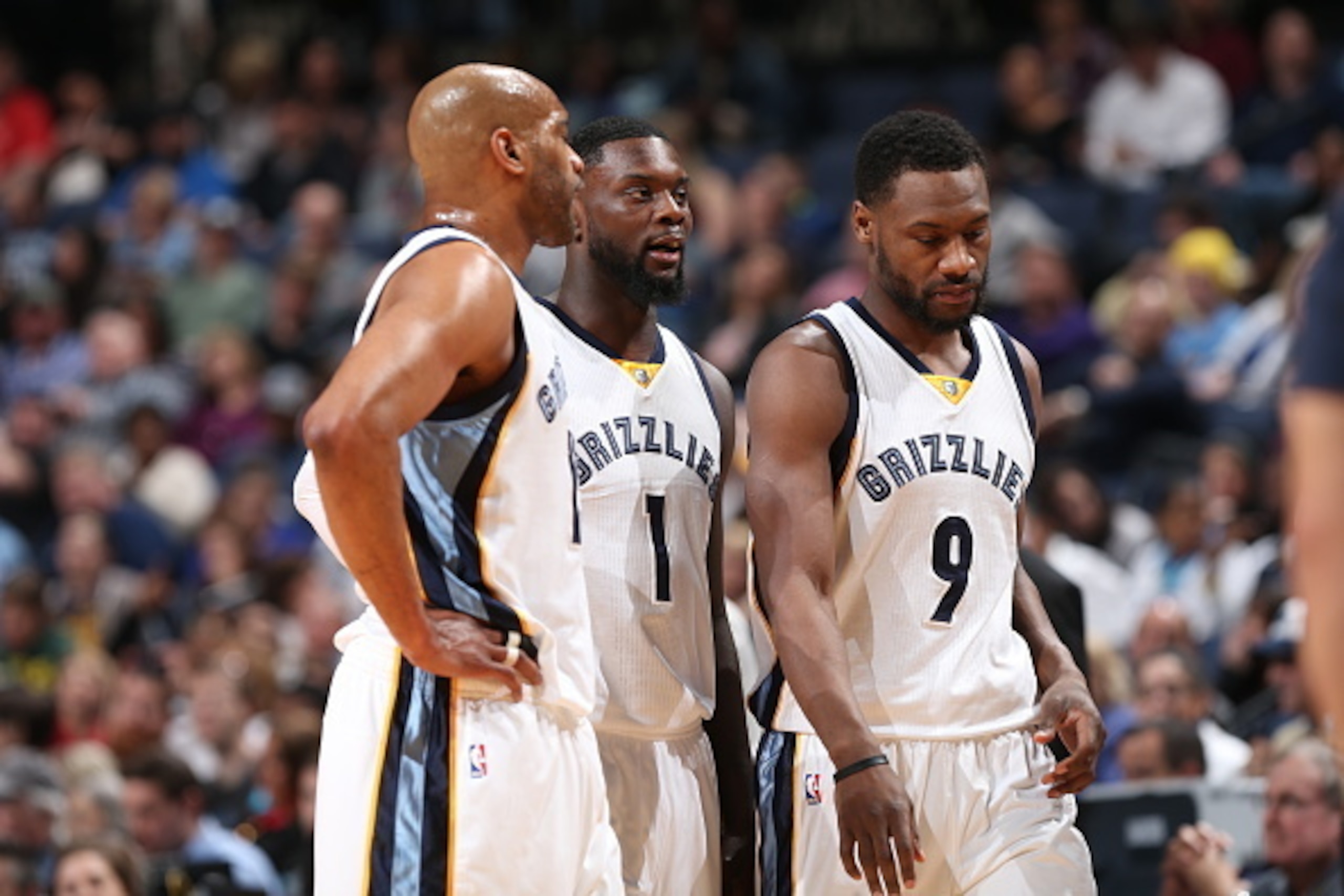MEMPHIS, TN  - MARCH 11: Vince Carter #15, Lance Stephenson #1 and Tony Allen #9 of the Memphis Grizzlies during the game against the New Orleans Pelicans on March 9, 2016 at FedExForum in Memphis, Tennessee. NOTE TO USER: User expressly acknowledges and 