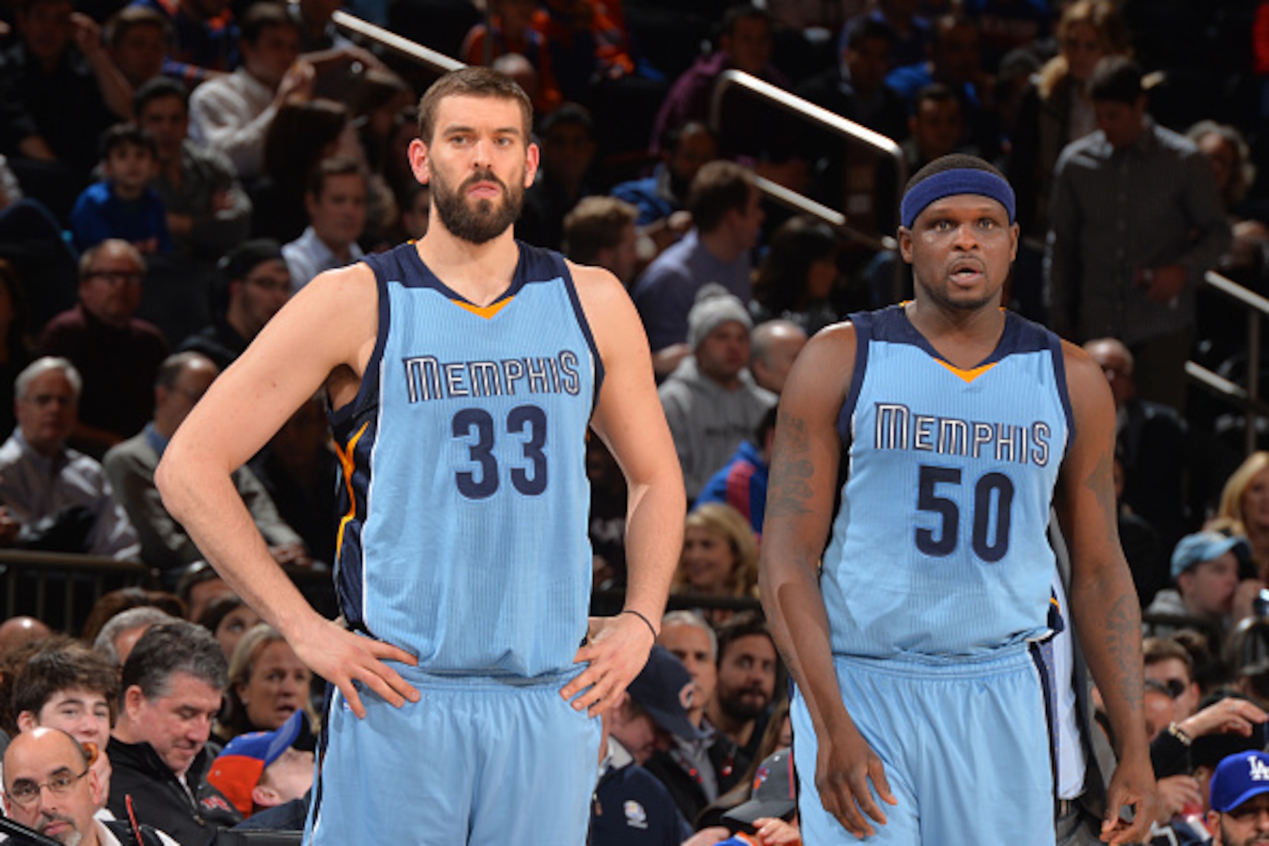NEW YORK,NY - FEBRUARY 5: Marc Gasol #33 and Zach Randolph #50 of the Memphis Grizzlies look on against the New York Knicks at Madison Square Garden on February 5, 2016 in New York,New York NOTE TO USER: User expressly acknowledges and agrees that, by dow