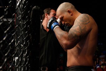 GOLD COAST, AUSTRALIA - DECEMBER 15:  Joey Beltran prepares to enter the Octagon before his light heavyweight fight against Igor Pokrajac at the UFC on FX event on December 15, 2012  at Gold Coast Convention and Exhibition Centre in Gold Coast, Australia.