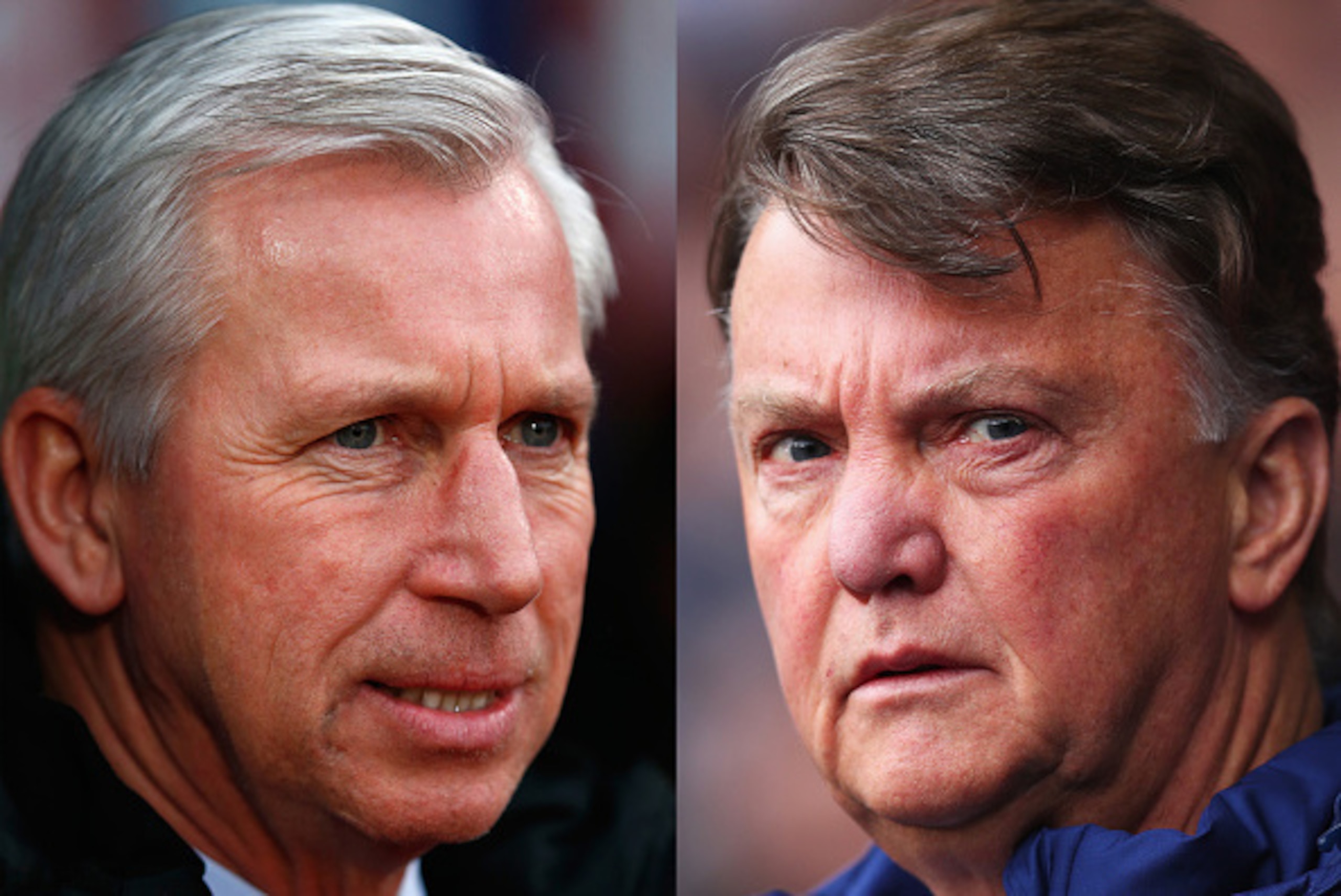 FILE PHOTO - Image Numbers 509962936 (L) and 520239628) In this composite image a comparison has been made between Alan Pardew, Manager of Crystal Palace (L) and Louis van Gaal, Manager of Manchester United. Manchester United and Crystal Palace meet in t FILE PHOTO - Image Numbers 509962936 (L) and 520239628) In this composite image a comparison has been made between Alan Pardew, Manager of Crystal Palace (L) and Louis van Gaal, Manager of Manchester United. Manchester United and Crystal Palace meet in t