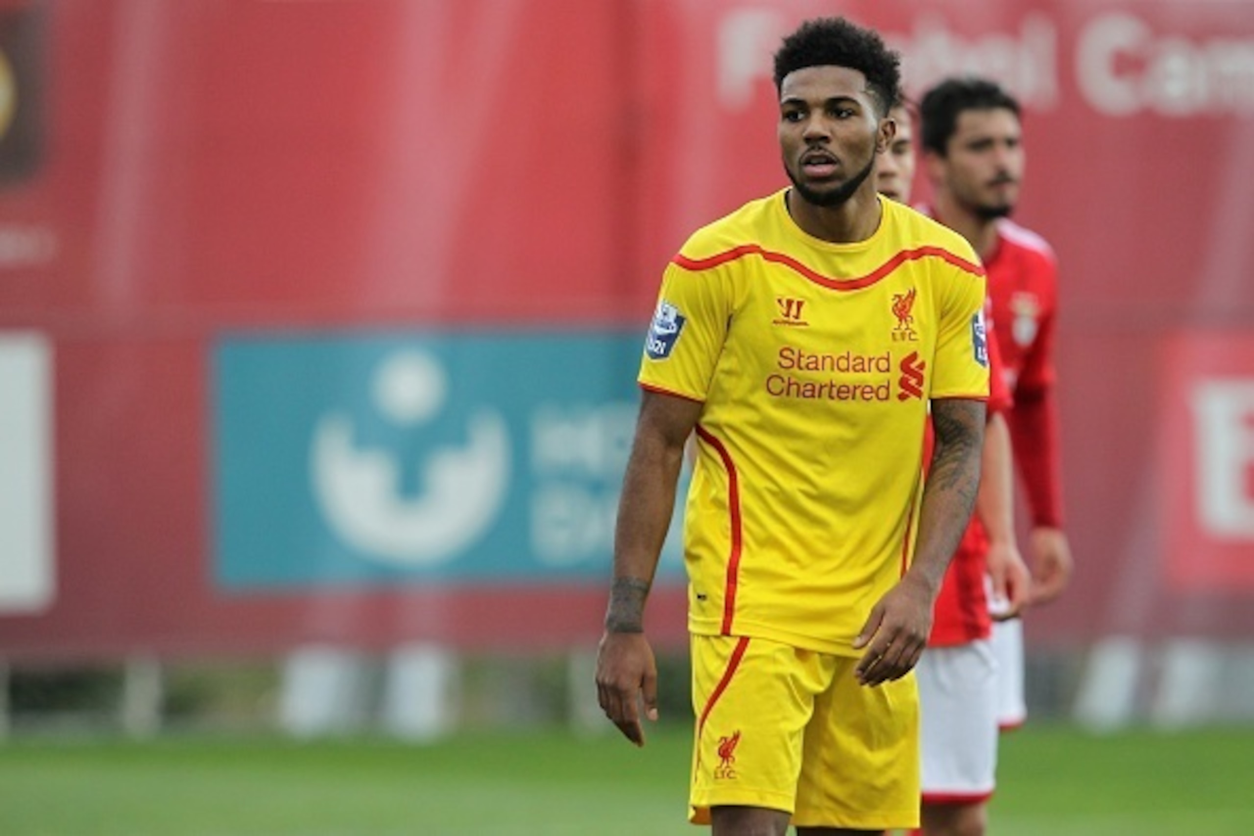 SEIXAL, PORTUGAL - FEBRUARY 24: Liverpool's foward Jerome Sinclair  in action during the UEFA Youth League match between SL Benfica and Liverpool FC on February 24, 2015 in Seixal, Portugal.  (Photo by Carlos Rodrigues/Getty Images for UEFA)