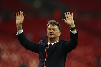 LONDON, ENGLAND - MAY 21:  Louis van Gaal Manager of Manchester United salutes the fans after winning The Emirates FA Cup Final match between Manchester United and Crystal Palace at Wembley Stadium on May 21, 2016 in London, England. Man Utd won 2-1 after