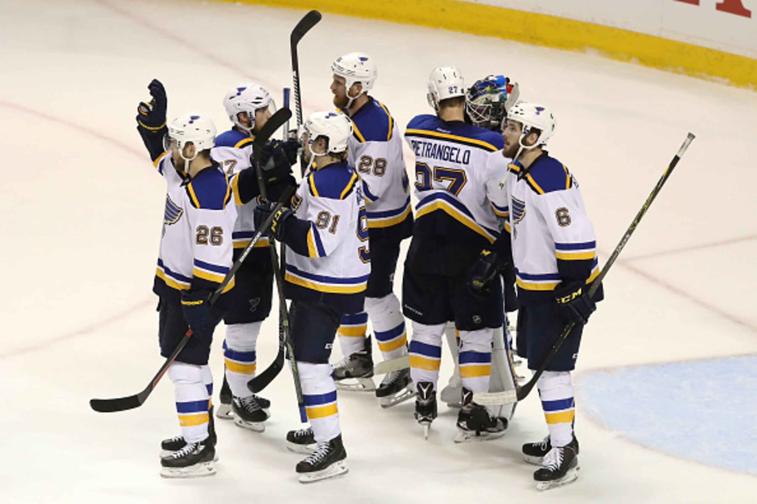 SAN JOSE, CA - MAY 21:  The St. Louis Blues celebrate after their 6-3 win over the San Jose Sharks in game four of the Western Conference Finals during the 2016 NHL Stanley Cup Playoffs at SAP Center on May 21, 2016 in San Jose, California.  (Photo by Sea