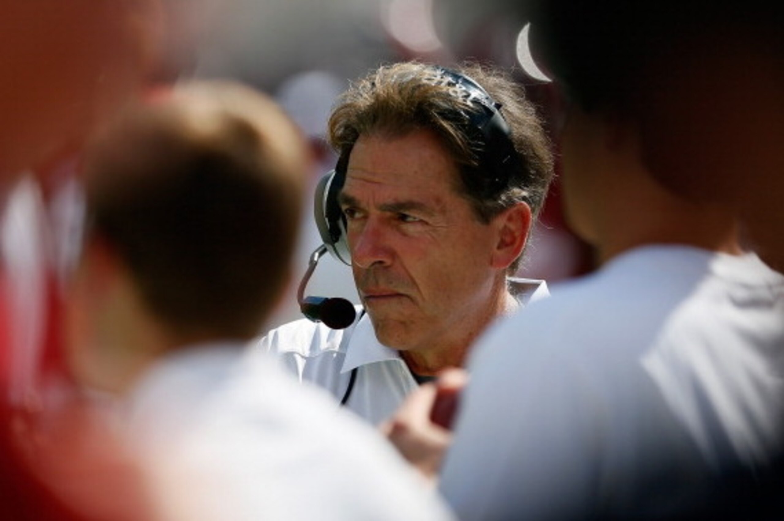 TUSCALOOSA, AL - OCTOBER 05:  Head coach Nick Saban of the Alabama Crimson Tide looks on from the sidelines during their 45-3 win over the Georgia State Panthers at Bryant-Denny Stadium on October 5, 2013 in Tuscaloosa, Alabama.  (Photo by Kevin C. Cox/Ge