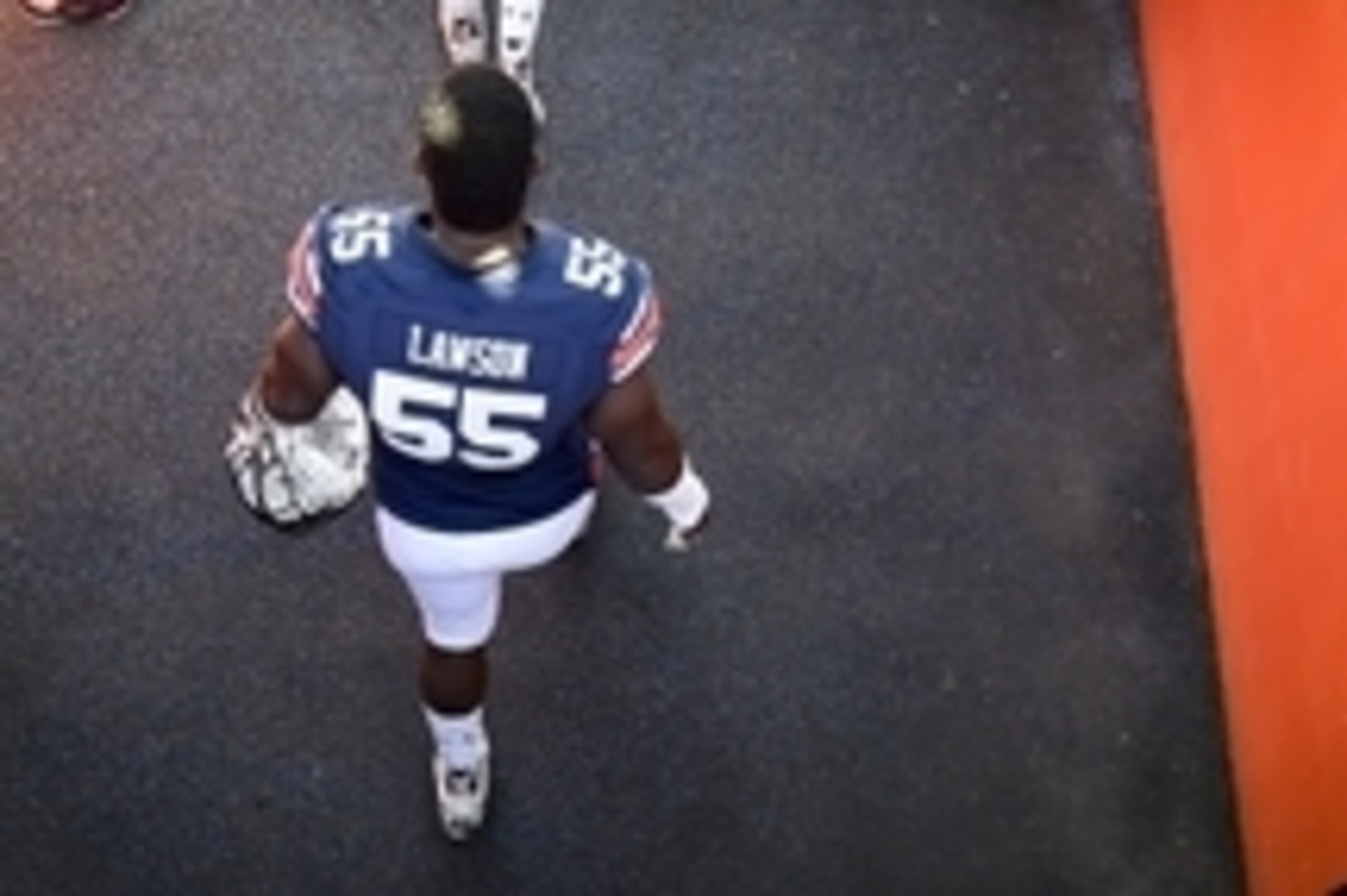Nov 14, 2015; Auburn, AL, USA; Auburn Tigers defensive lineman Carl Lawson (55) walks onto the field for the game against the Georgia Bulldogs at Jordan Hare Stadium. Mandatory Credit: Shanna Lockwood-USA TODAY Sports