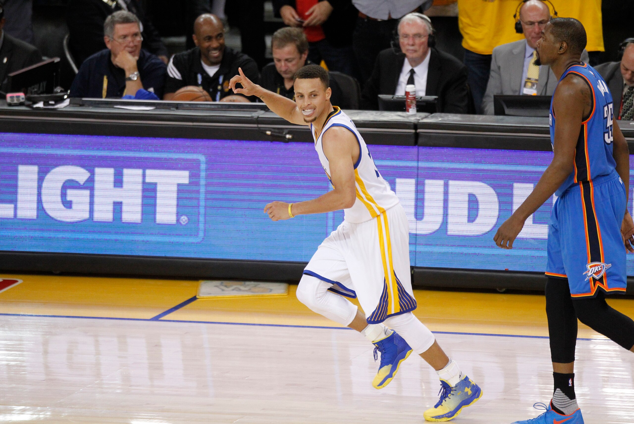 May 18, 2016; Oakland, CA, USA; Golden State Warriors guard Stephen Curry (30) reacts after making a three point basket against the Oklahoma City Thunder in the third quarter in game two of the Western conference finals of the NBA Playoffs at Oracle Arena