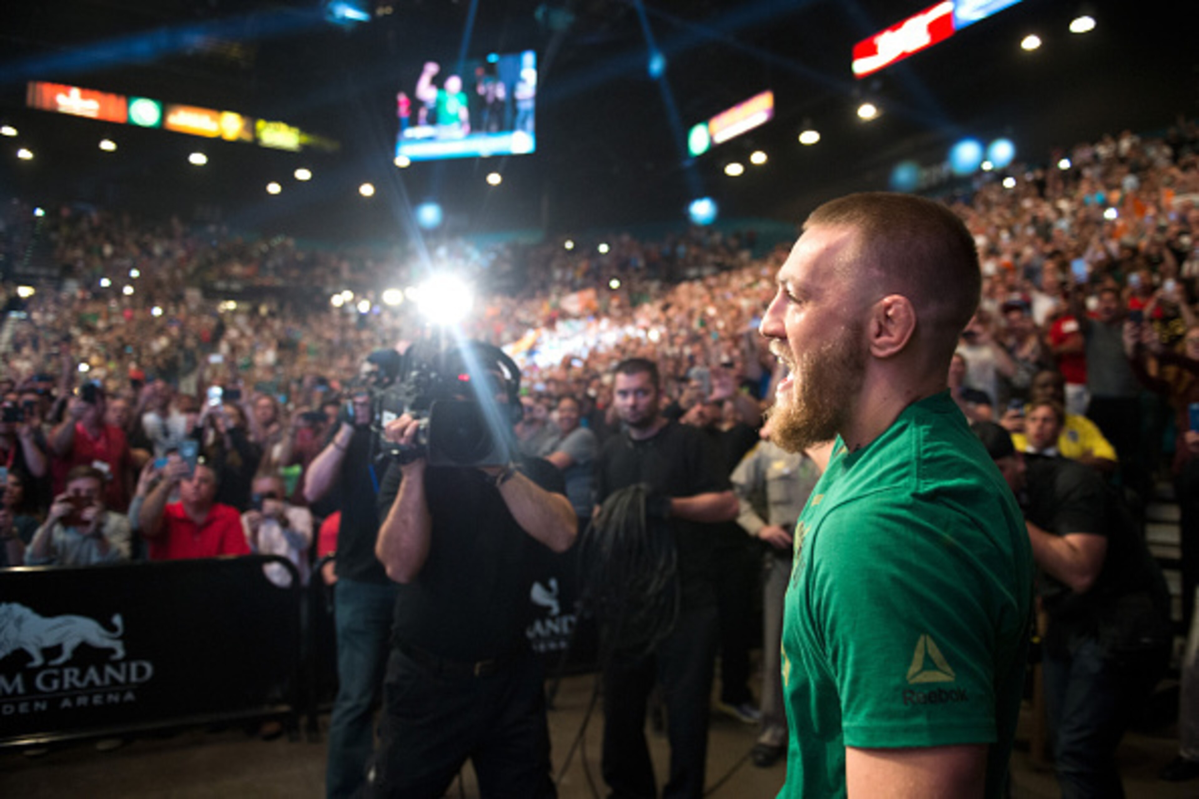 LAS VEGAS, NV - MARCH 4:   Conor McGregor prepares to step onto the scale during the UFC 196 Weigh-in in the MGM Grand Garden Arena on March 4, 2016 in Las Vegas, Nevada. (Photo by Brandon Magnus/Zuffa LLC/Zuffa LLC via Getty Images)