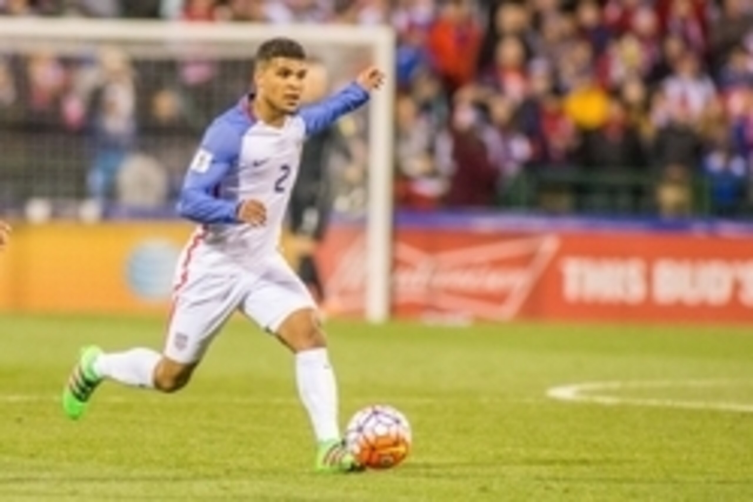 Mar 29, 2016; Columbus, OH, USA; United States defender DeAndre Yedlin (2) dribbles the ball in the second half of the game against Guatemala during the semifinal round of the 2018 FIFA World Cup qualifying soccer tournament at MAPFRE Stadium. The United 