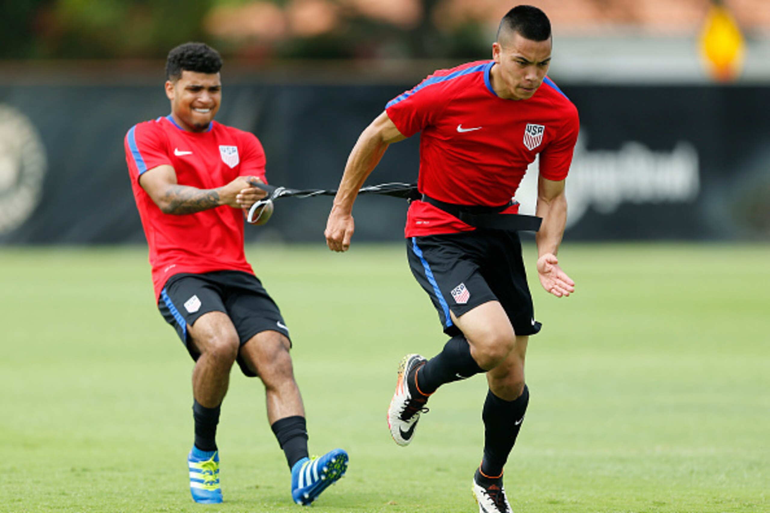 MIAMI SHORES, FL - MAY 18: (L - R) DeAndre Yedlin and Bobby Wood of the U.S. Men's National team run a drill during a training session on May 18, 2016 at Buccaneer Field on the campus of Barry University in Miami Shores, Florida. (Photo by Joel Auerbach/G