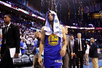 OKLAHOMA CITY, OK - MAY 22:  Stephen Curry #30 of the Golden State Warriors reacts to their 133 to 105 loss against the Oklahoma City Thunder in game three of the Western Conference Finals during the 2016 NBA Playoffs at Chesapeake Energy Arena on May 22,