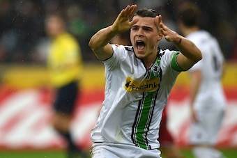 Moenchengladbach's Swiss midfielder Granit Xhaka reacts during the German first division Bundesliga football match Borussia Moenchengladbach vs 1. FC Cologne in Moenchengladbach , western Germany, on February  20, 2016. / AFP / PATRIK STOLLARZ / RESTRICTI
