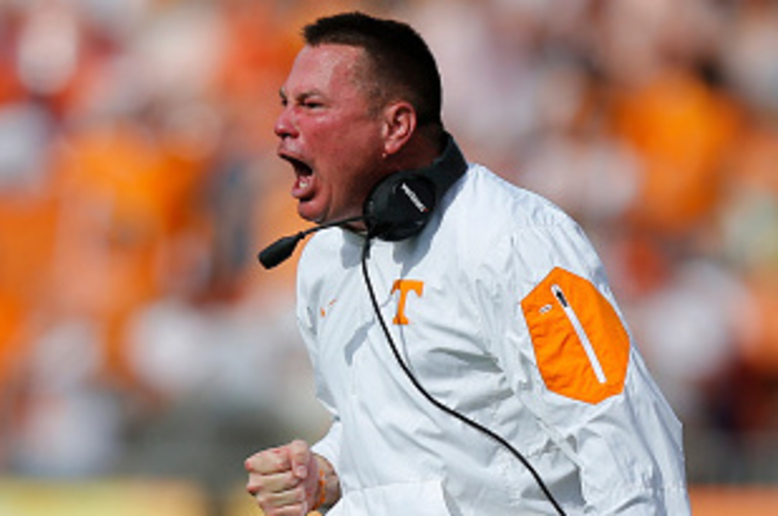TAMPA, FL - JANUARY 1:  Head Coach Butch Jones of the Tennessee Volunteers celebrates a touchdown against the Northwestern Wildcats during the second half of the Outback Bowl at Raymond James Stadium on January 1, 2016 in Tampa, Florida. (Photo by Mike Ca
