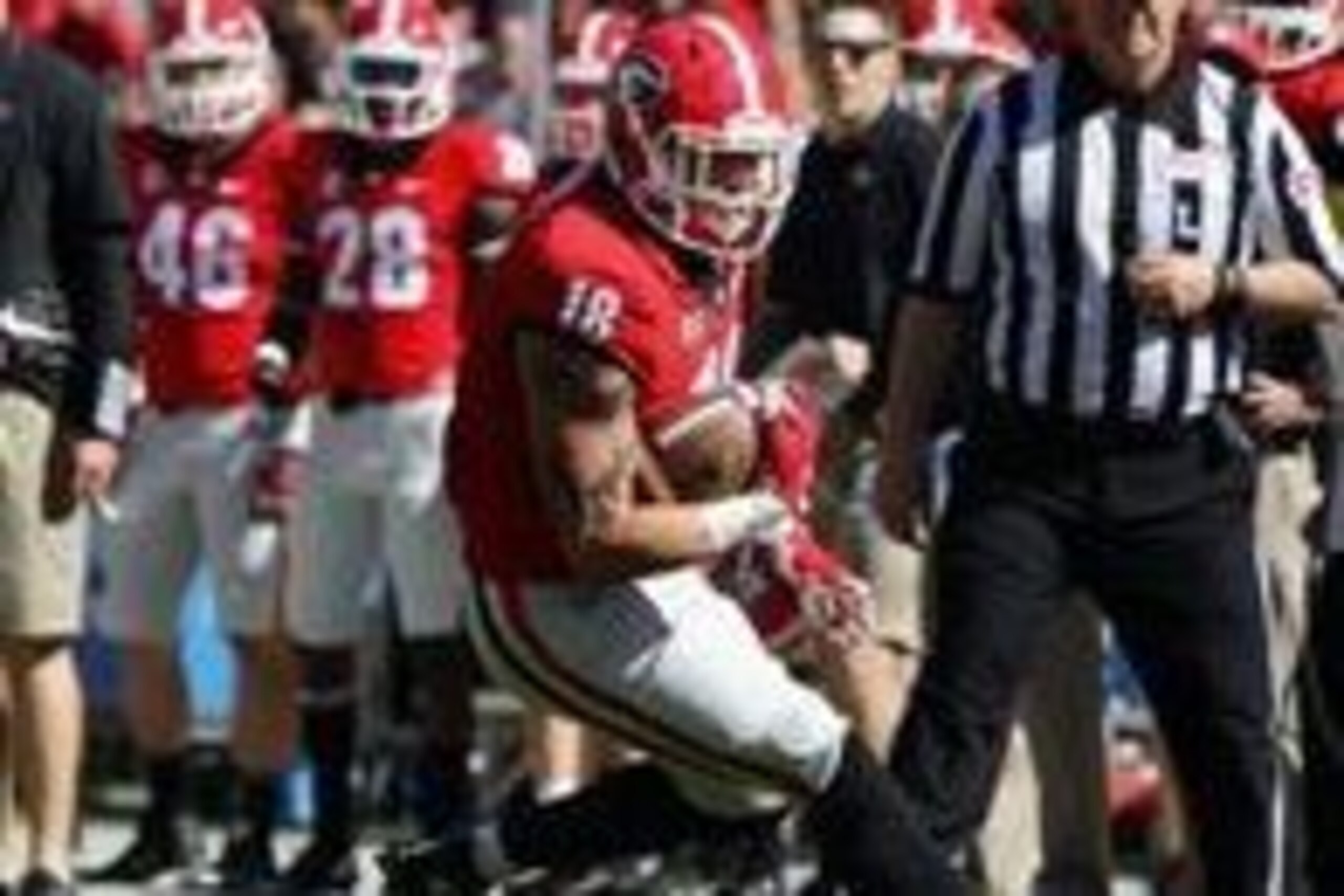 Apr 16, 2016; Athens, GA, USA; Georgia Bulldogs tight end Isaac Nauta (18) runs after a catch during the first half of the spring game at Sanford Stadium. Mandatory Credit: Brett Davis-USA TODAY Sports