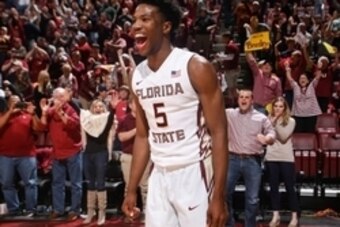 Jan 17, 2016; Tallahassee, FL, USA; Florida State Seminoles guard Malik Beasley (5) reacts as the buzzer sounds after the game against the Virginia Cavaliers at the Donald L. Tucker Center. The Florida State Seminoles upset Virginia 69-62. Mandatory Credi
