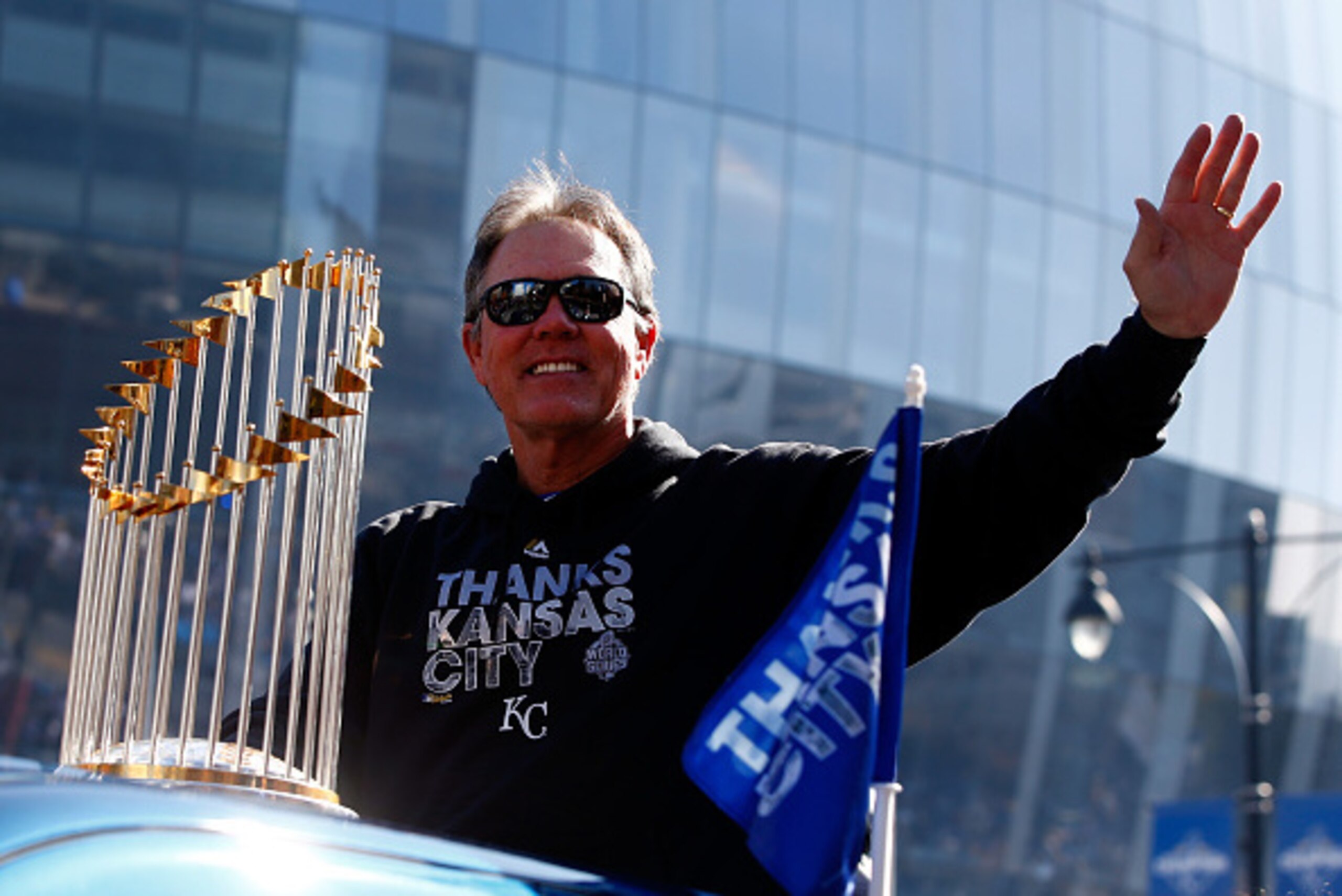 KANSAS CITY, MO - NOVEMBER 03:  Manager Ned Yost #3 of the Kansas City Royals waves to the crowd during a parade and celebration in honor of the Kansas City Royals' World Series win on November 3, 2015 in Kansas City, Missouri.  (Photo by Jamie Squire/Get