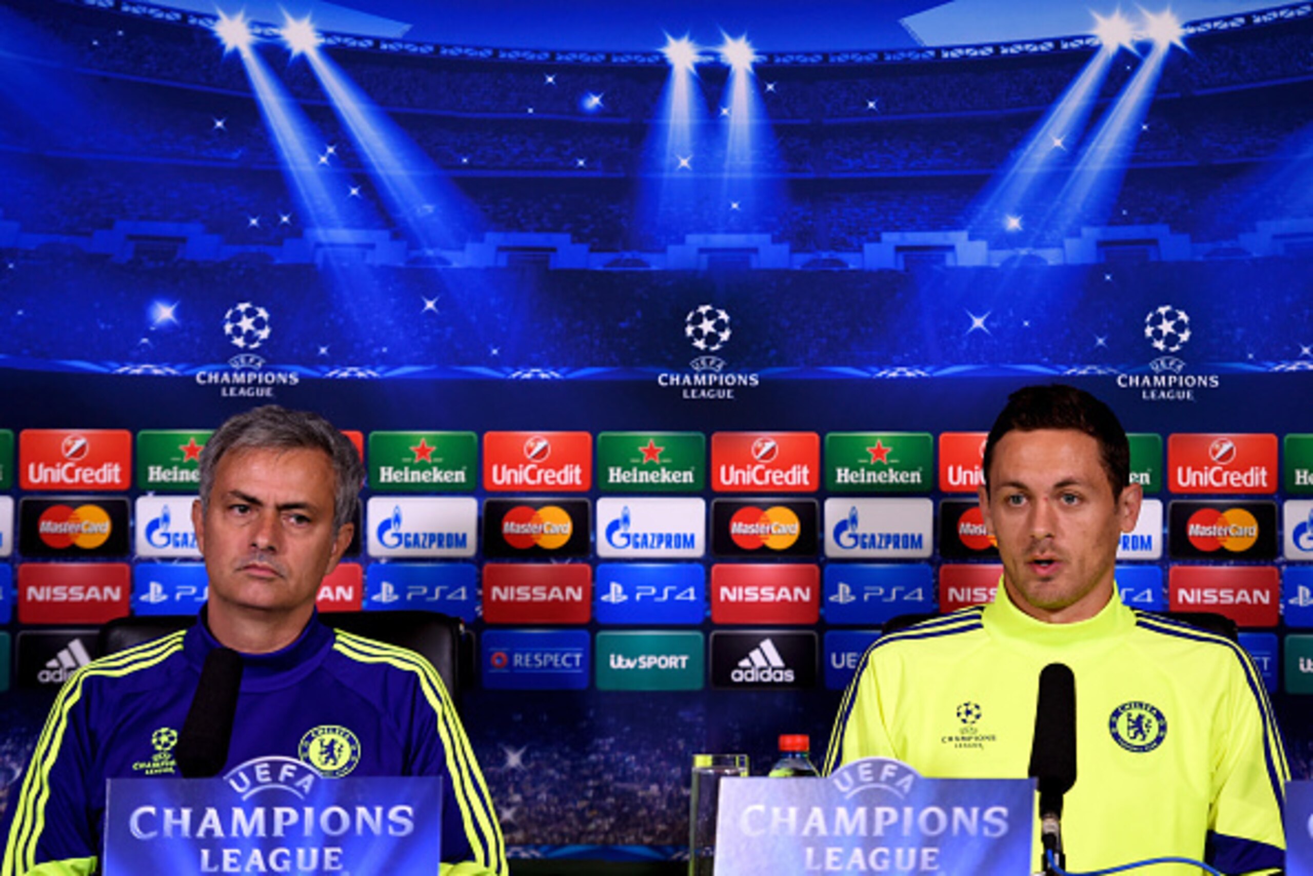LONDON, ENGLAND - OCTOBER 20:  (L-R) Chelsea manager Jose Mourinho and Nemanja Matic of Chelsea speak to the media during the Chelsea FC Press Conference ahead of the UEFA Champions League Group G match against NK Maribor at the Chelsea training ground on