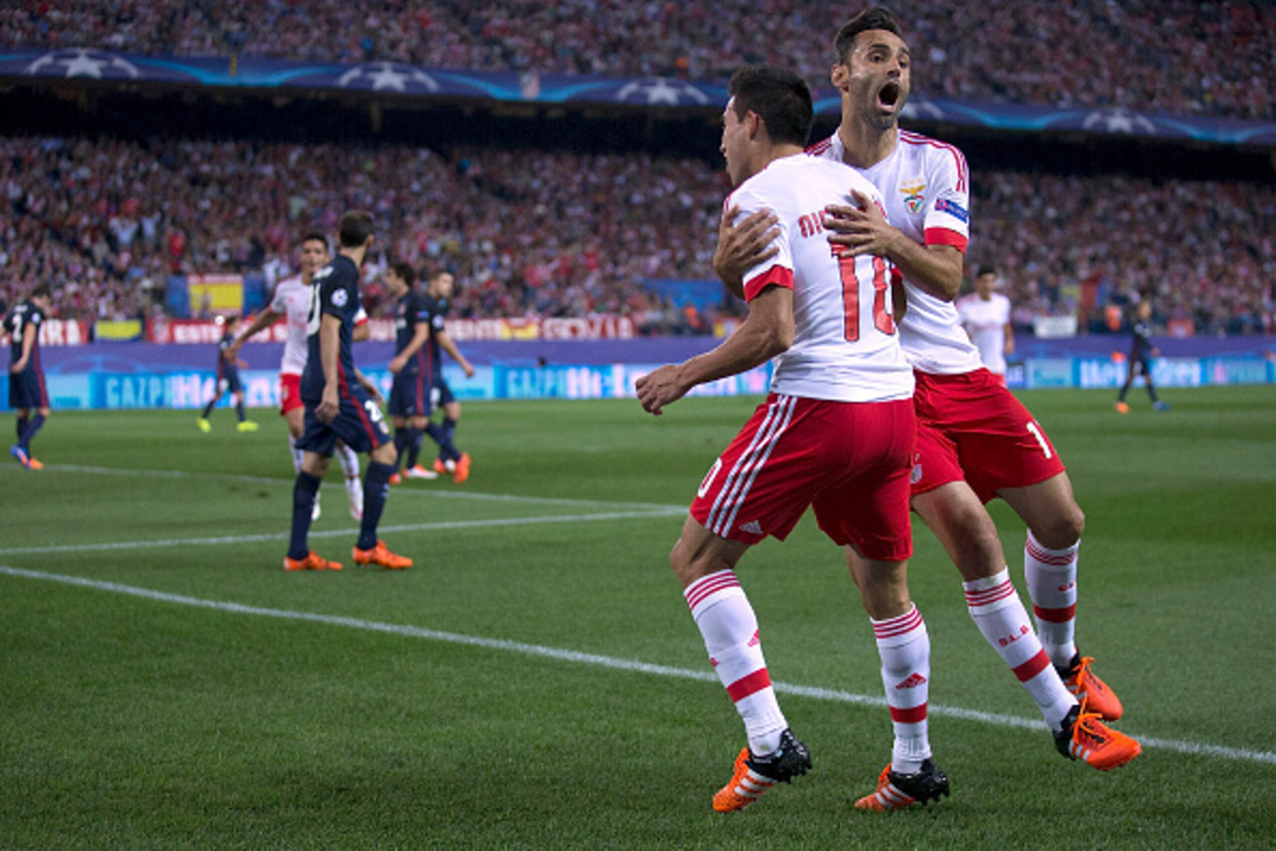 MADRID, SPAIN - SEPTEMBER 30:  Nicolas Gaitan (L) of SL Benfica celebrates scoring their opening goal with teammate Jonas Goncalves (R) during the UEFA Champions League Group C match between Club Atletico de Madrid and SL Benfica at Vicente Calderon Stadi