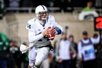 Nov 28, 2015; East Lansing, MI, USA; Penn State Nittany Lions quarterback Christian Hackenberg (14) scrambles out of the pocket during the second half of a game against the Michigan State Spartans at Spartan Stadium. Mandatory Credit: Mike Carter-USA TODA