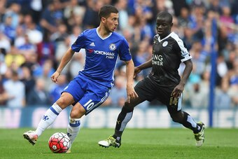 LONDON, ENGLAND - MAY 15: Eden Hazard of Chelsea is closed down by Ngolo Kante of Leicester City  during the Barclays Premier League match between Chelsea and Leicester City at Stamford Bridge on May 15, 2016 in London, England.  (Photo by Michael Regan/G