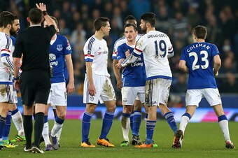 LIVERPOOL, ENGLAND - MARCH 12: Diego Costa (2nd R) of Chelsea reacts prior to being shown the red card during the Emirates FA Cup sixth round match between Everton and Chelsea at Goodison Park on March 12, 2016 in Liverpool, England.  (Photo by Chris Brun