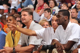 LAS VEGAS - JULY 9: Stephen Curry #30 (2R) of the Golden State Warriors talks to teammate Ekpe Udoh #20 (R) during the game against the New Orleans Hornets during NBA Summer League on July 9, 2010 at Cox Pavilion in Las Vegas, Nevada. NOTE TO USER: User e