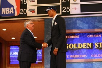 NEW YORK - JUNE 26: Anthony Randolph shakes hands with NBA Commissioner David Stern after being selected fourteenth overall by the Golden State Warriors during the 2008 NBA Draft on June 26, 2008 at the WaMu Theatre at Madison Square Garden in New York Ci