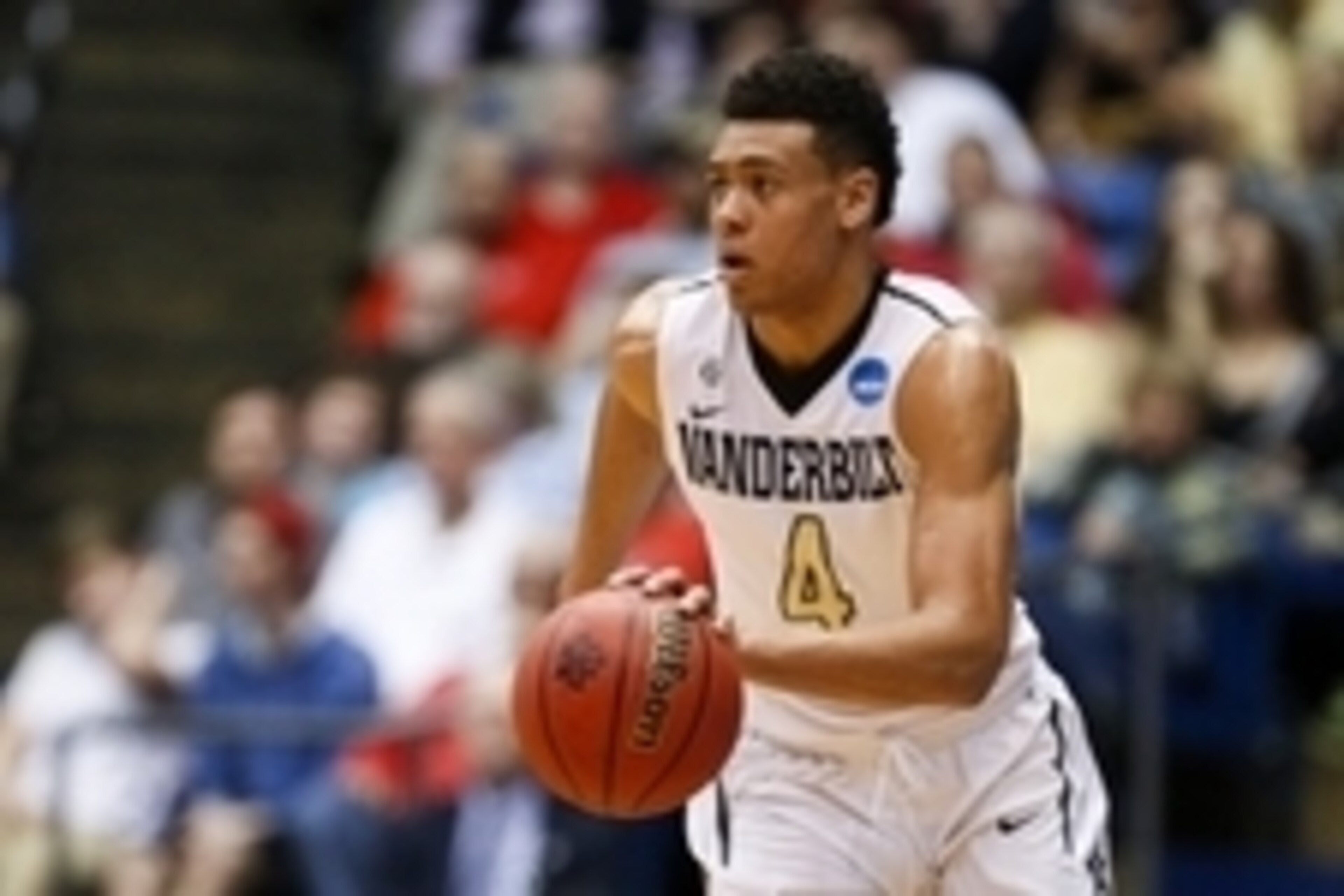 Mar 15, 2016; Dayton, OH, USA; Vanderbilt Commodores guard Wade Baldwin IV (4) dribbles the ball during the first half against the Wichita State Shockers of First Four of the NCAA men's college basketball tournament at Dayton Arena. Mandatory Credit: Rick