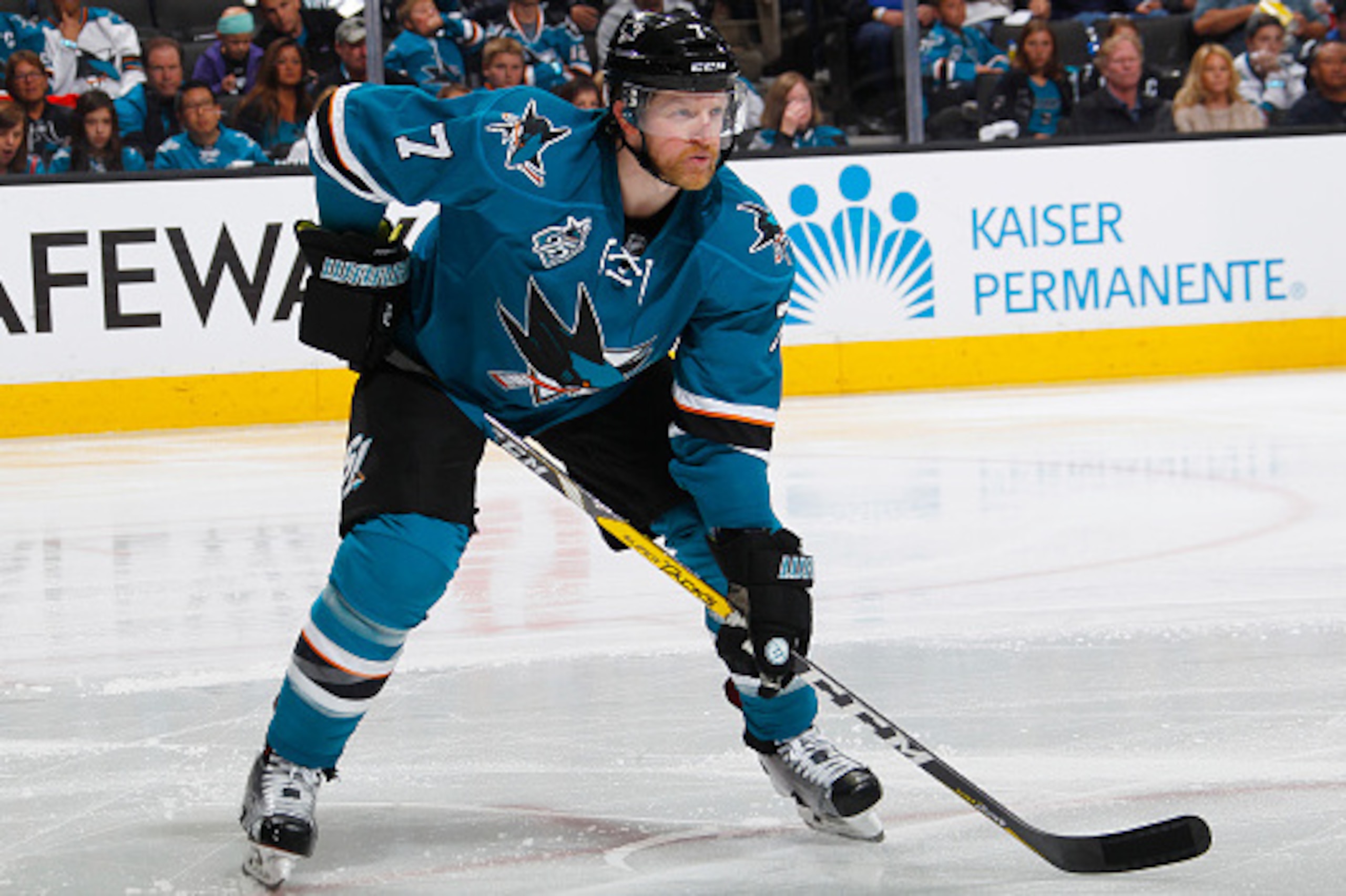SAN JOSE, CA - MAY 21: Paul Martin #7 of the San Jose Sharks skates against the St. Louis Blues in Game Four of the Western Conference Finals during the 2016 NHL Stanley Cup Playoffs at SAP Center on May 21, 2016 in San Jose, California. (Photo by Rocky W