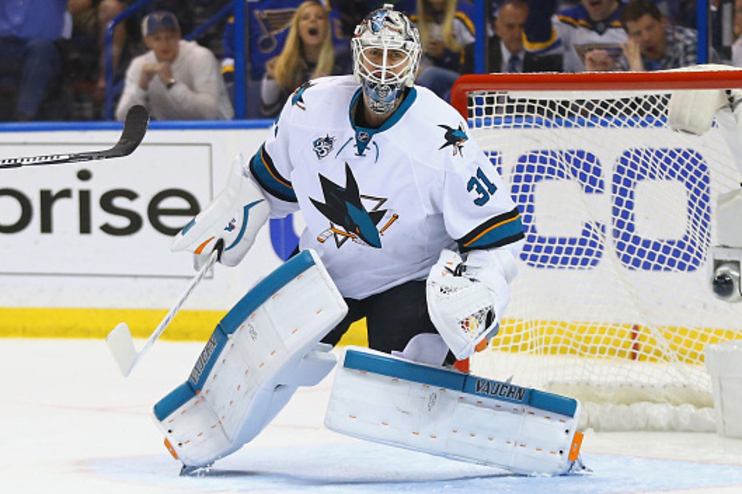 ST LOUIS, MO - MAY 23:  Martin Jones #31 of the San Jose Sharks tends goal against the St. Louis Blues in Game Five of the Western Conference Final during the 2016 NHL Stanley Cup Playoffs at Scottrade Center on May 23, 2016 in St Louis, Missouri.  (Photo