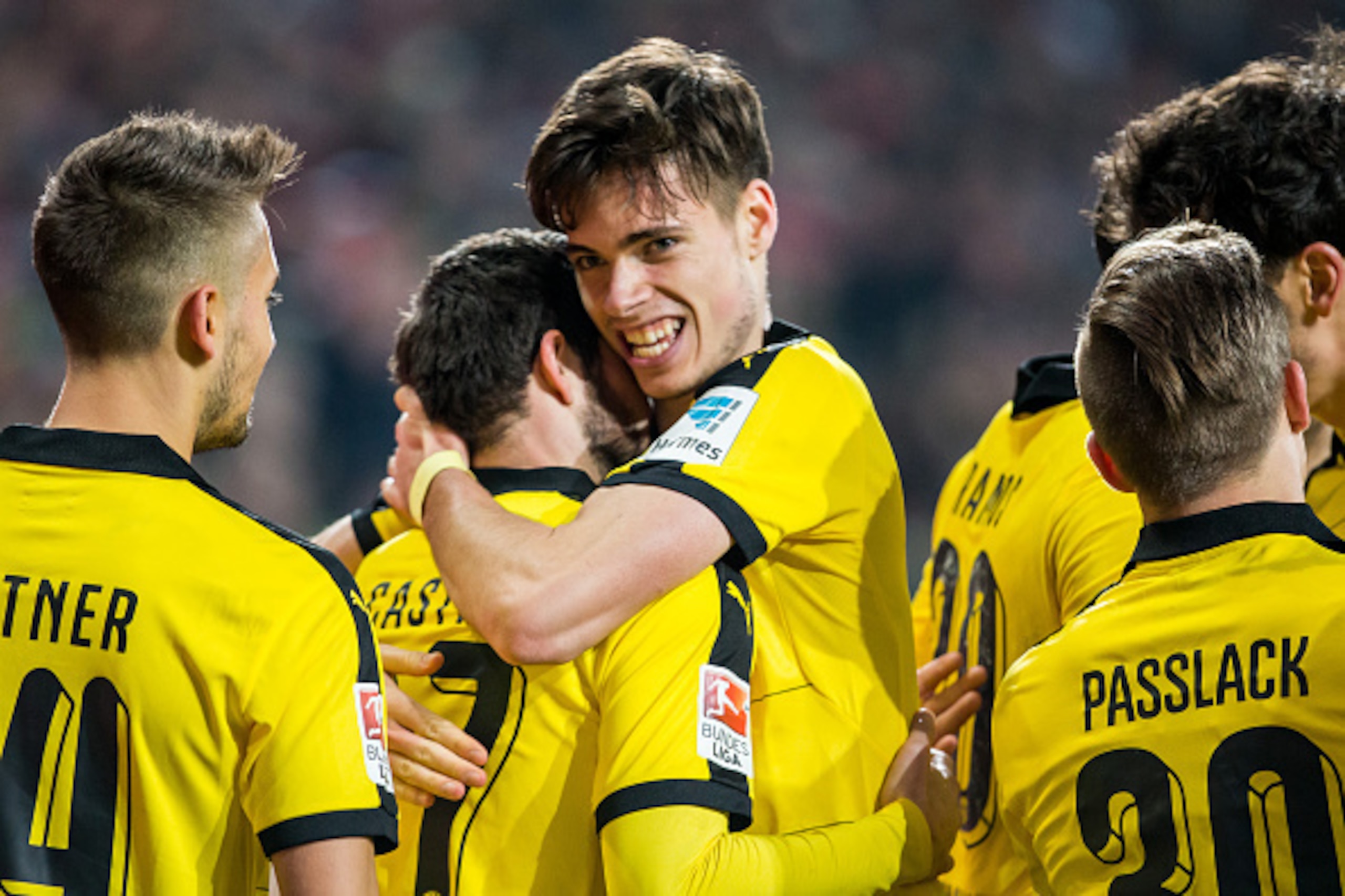 AUGSBURG, GERMANY - MARCH 20: Gonzalo Castro of Dortmund celebrates his team's second goal with team mate Julian Weigl during the Bundesliga match between FC Augsburg and Borussia Dortmund at SGL Arena on March 20, 2016 in Augsburg, Germany. (Photo by S AUGSBURG, GERMANY - MARCH 20: Gonzalo Castro of Dortmund celebrates his team's second goal with team mate Julian Weigl during the Bundesliga match between FC Augsburg and Borussia Dortmund at SGL Arena on March 20, 2016 in Augsburg, Germany. (Photo by S
