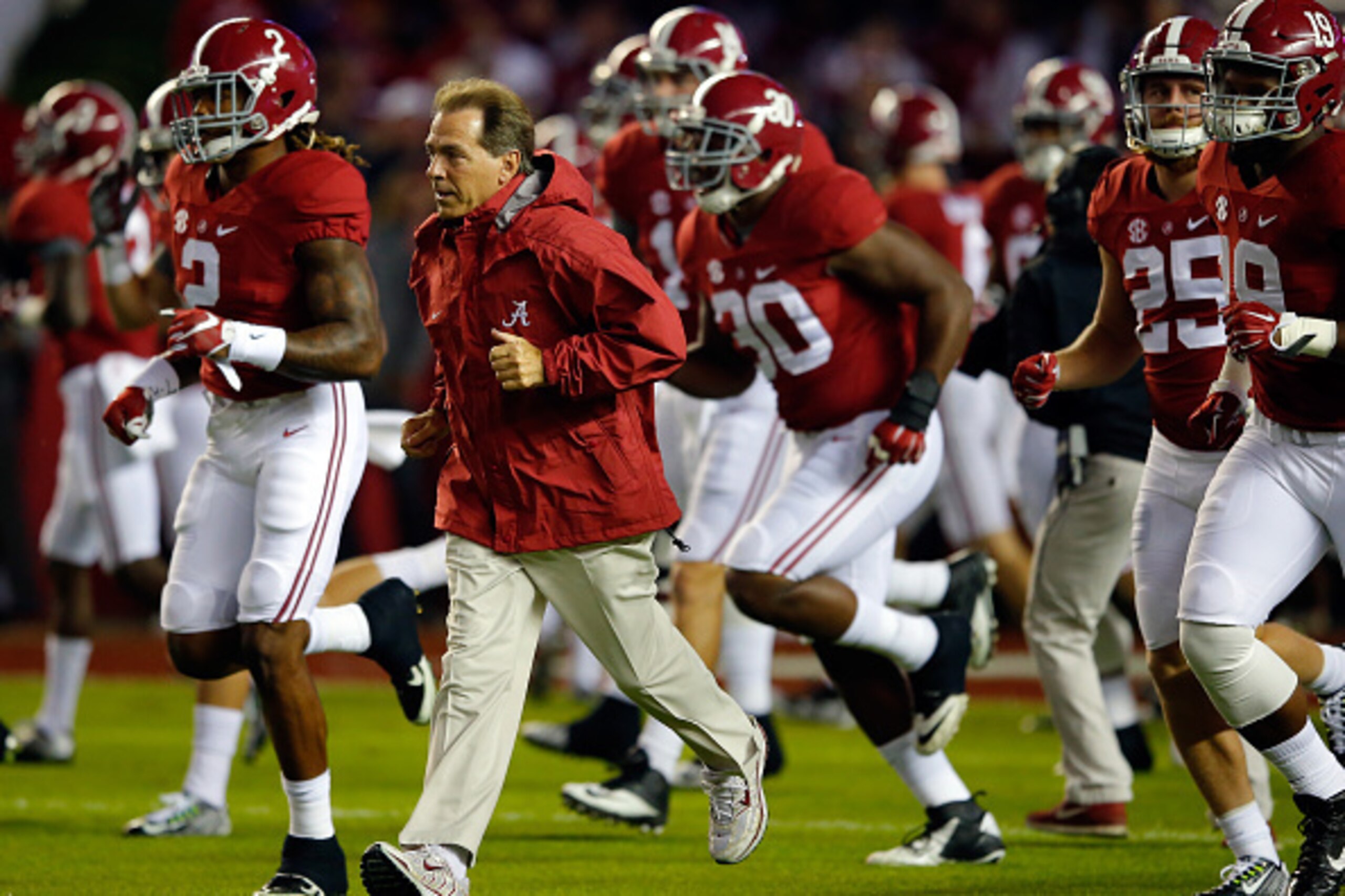 TUSCALOOSA, AL - NOVEMBER 07:  Nick Saban, head coach of the Alabama Crimson Tide, runs onto the field before playing against the LSU Tigers at Bryant-Denny Stadium on November 7, 2015 in Tuscaloosa, Alabama.  (Photo by Kevin C. Cox/Getty Images)