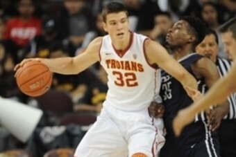 December 13, 2015; Los Angeles, CA, USA; Southern California Trojans forward Nikola Jovanovic (32) controls the ball against Yale Bulldogs during the first half at Galen Center. Mandatory Credit: Gary A. Vasquez-USA TODAY Sports