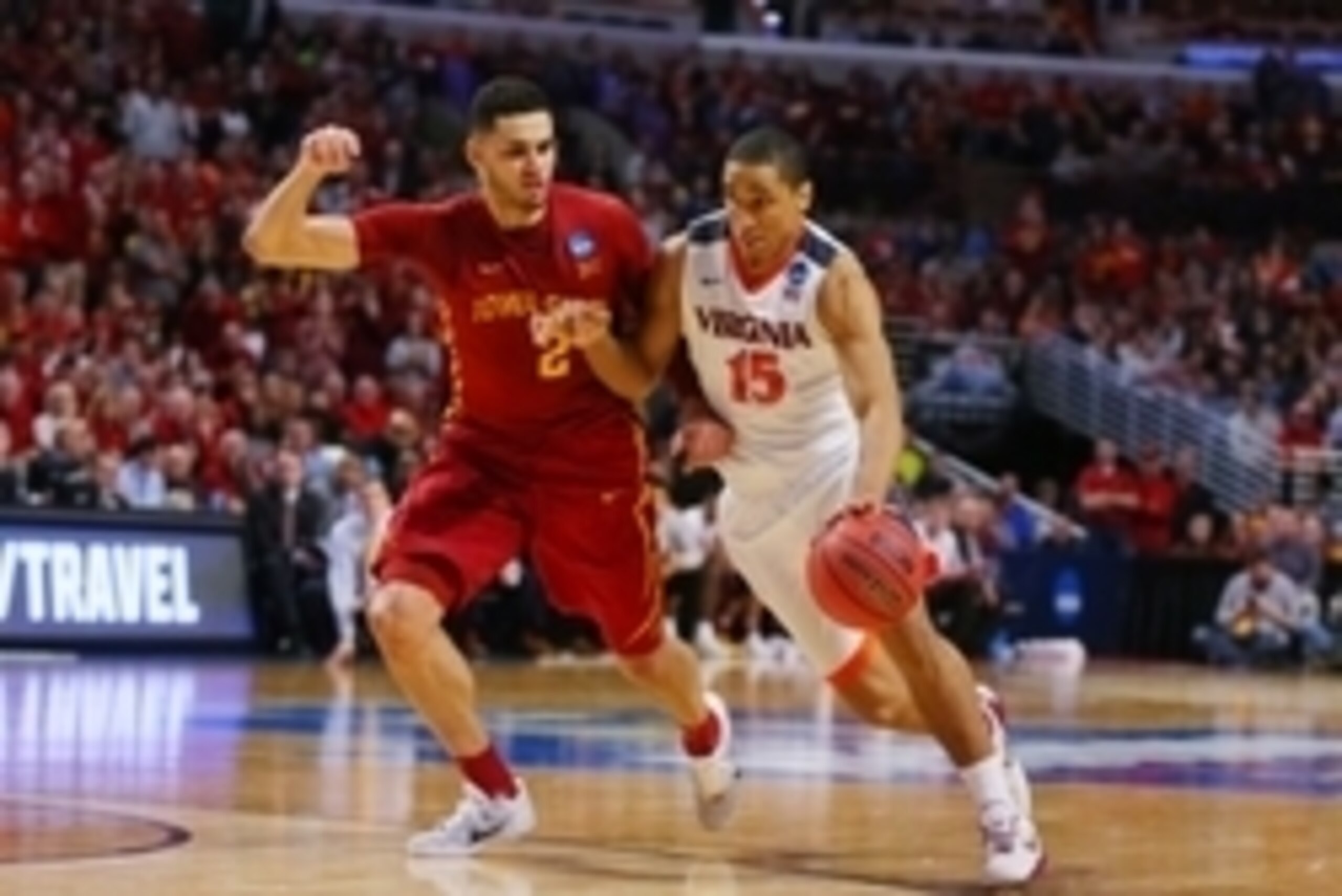 Mar 25, 2016; Chicago, IL, USA; Virginia Cavaliers guard Malcolm Brogdon (15) drives to the basket against Iowa State Cyclones forward Abdel Nader (2) during the second half in a semifinal game in the Midwest regional of the NCAA Tournament at United Cent Mar 25, 2016; Chicago, IL, USA; Virginia Cavaliers guard Malcolm Brogdon (15) drives to the basket against Iowa State Cyclones forward Abdel Nader (2) during the second half in a semifinal game in the Midwest regional of the NCAA Tournament at United Cent