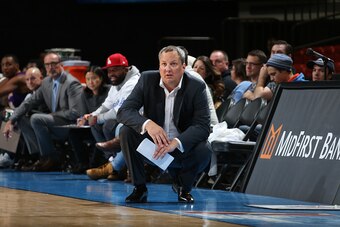 OKLAHOMA CITY, OK - NOVEMBER 24:  Head Coach Casey Owens of the Los Angeles D-Fenders coaches his team against the Oklahoma City Blue during an NBA D-League game on November 24, 2015 at the Cox Convention Center in Oklahoma City, Oklahoma. NOTE TO USER: U