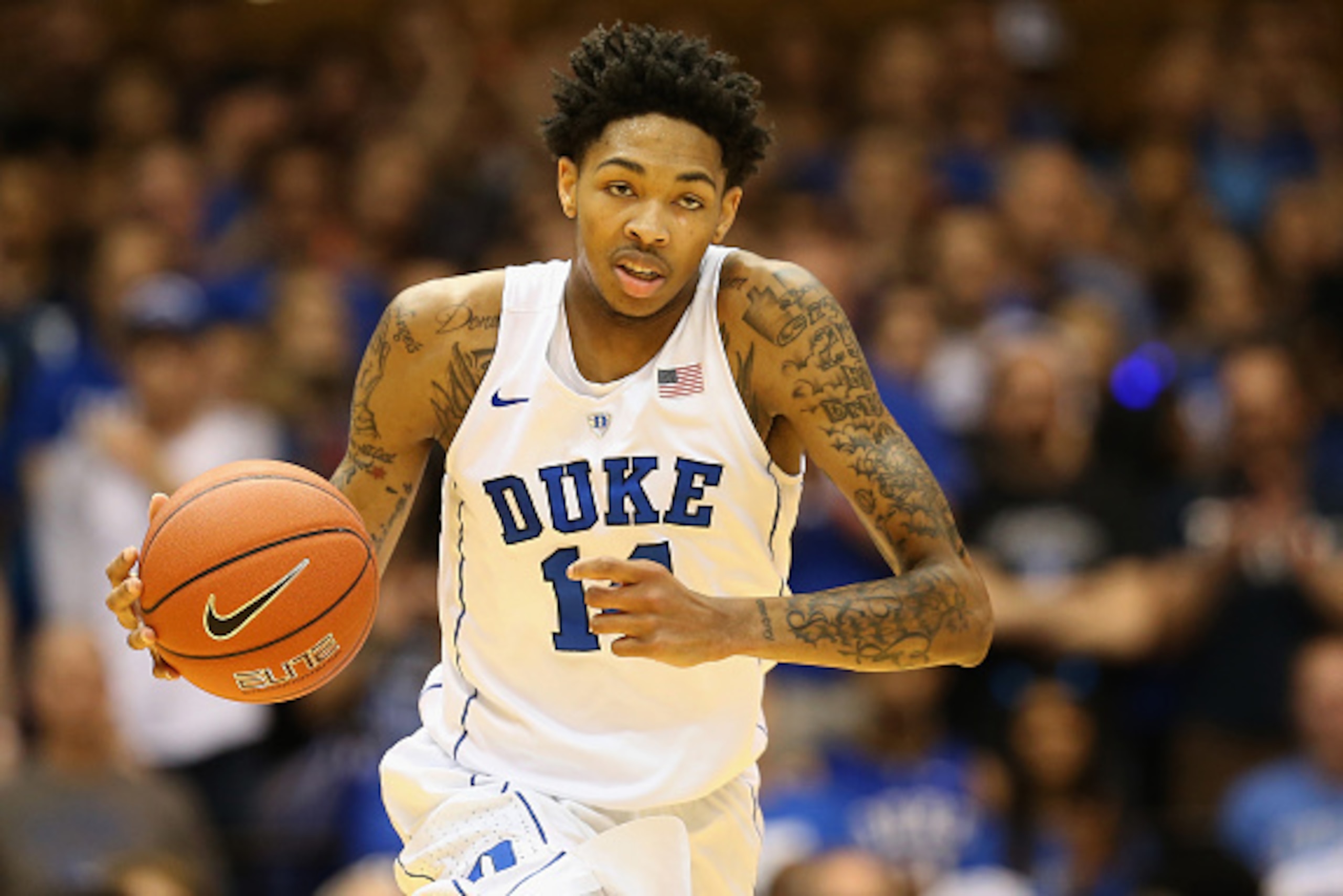 DURHAM, NC - DECEMBER 15:  Brandon Ingram #14 of the Duke Blue Devils brings the ball up the court against the Georgia Southern Eagles during their game at Cameron Indoor Stadium on December 15, 2015 in Durham, North Carolina.  (Photo by Streeter Lecka/Ge