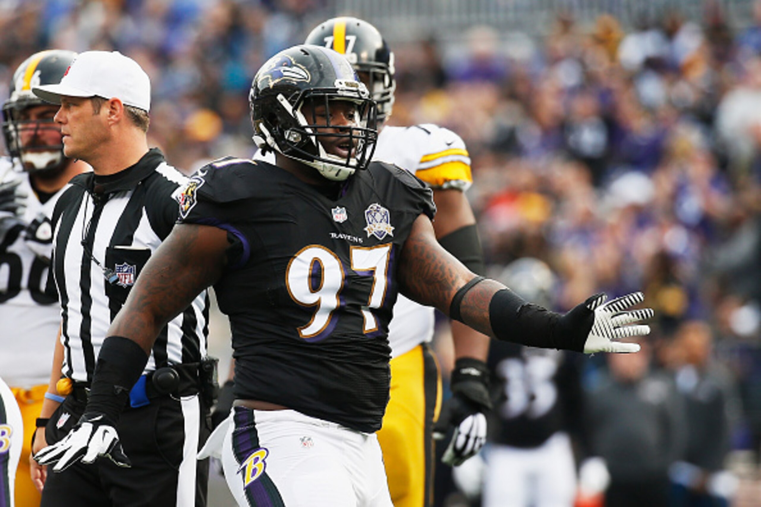 BALTIMORE, MD - DECEMBER 27:   Timmy Jernigan #97 of the Baltimore Ravens reacts during the second quarter against the Pittsburgh Steelers at M&T Bank Stadium on December 27, 2015 in Baltimore, Maryland.  (Photo by Rob Carr/Getty Images)