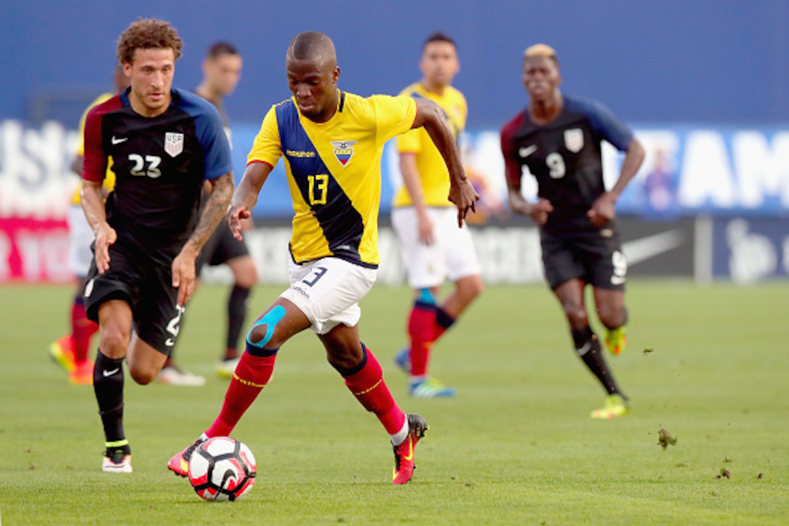 FRISCO, TX - MAY 25:  Enner Valencia #13 of Ecuador controls the ball against Fabian Johnson #23 of the United States in the first half during an International Friendly match at Toyota Stadium on May 25, 2016 in Frisco, Texas.  (Photo by Tom Pennington/Ge