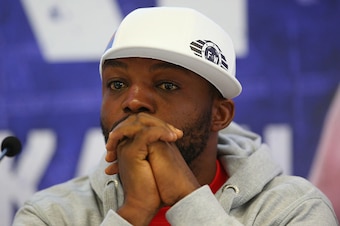 LIVERPOOL, ENGLAND - MAY 26:  Ilunga Makabu faces the media during a press conference ahead of his fight with Tony Bellew at the Royal Liver Building on May 26, 2016 in Liverpool, England.  (Photo by Alex Livesey/Getty Images)