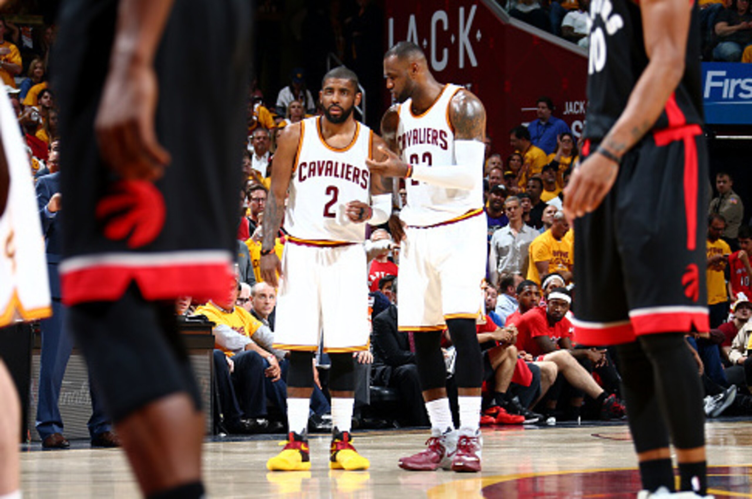 CLEVELAND, OH - MAY 25:  Kyrie Irving #2 of the Cleveland Cavaliers and LeBron James #23 of the Cleveland Cavaliers talk during the game against the Toronto Raptors in Game Five of the Eastern Conference Finals during the 2016 NBA Playoffs on May 25, 2016