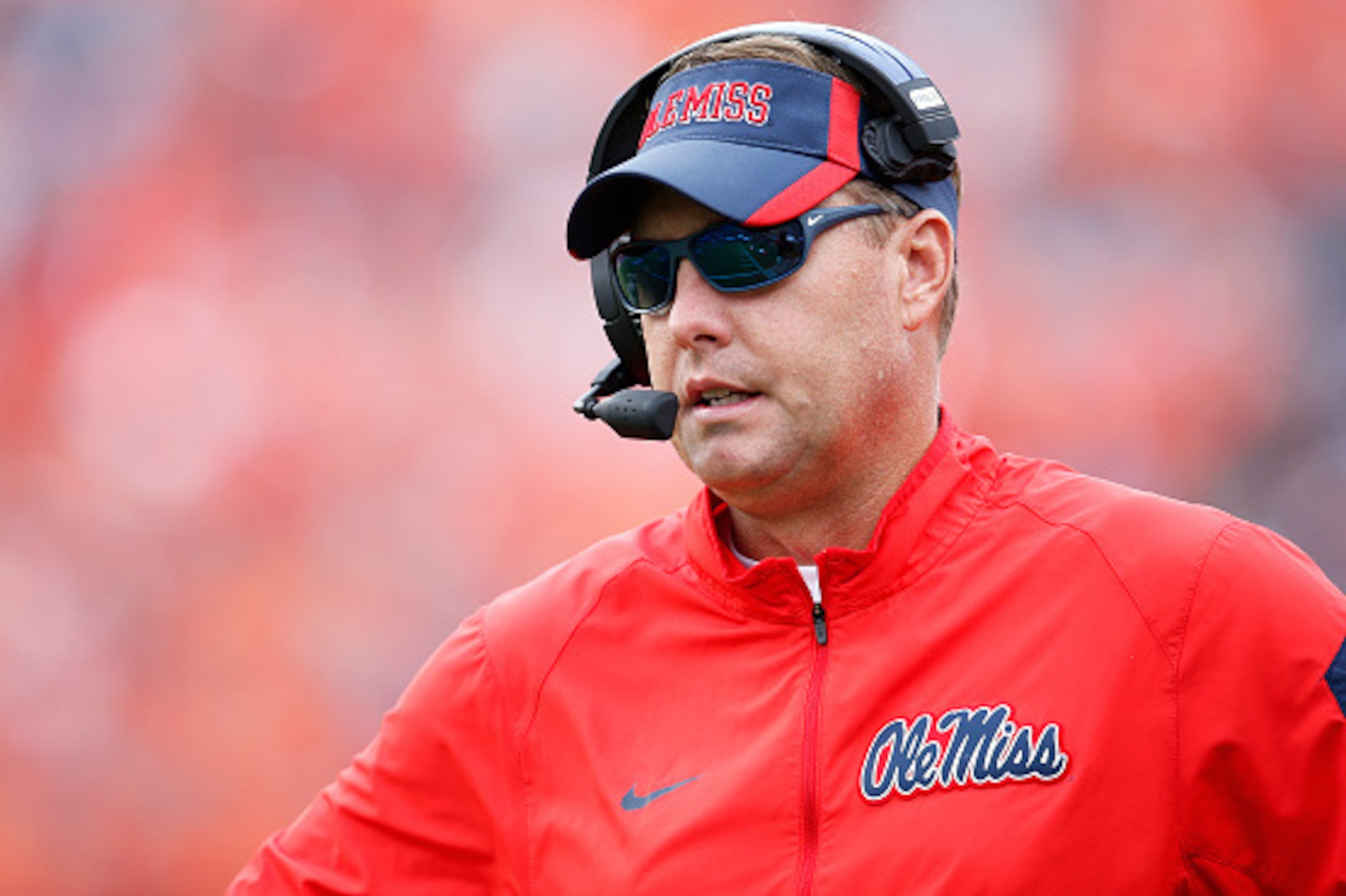 AUBURN, AL - OCTOBER 31: Head coach Hugh Freeze of the Ole Miss Rebels looks on during a game against the Auburn Tigers at Jordan-Hare Stadium on October 31, 2015 in Auburn, Alabama. Ole Miss defeated Auburn 27-19. (Photo by Joe Robbins/Getty Images)