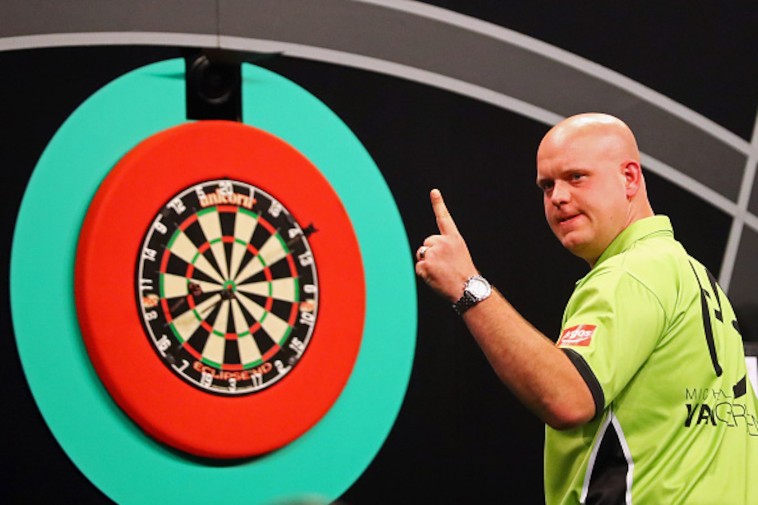 ROTTERDAM, NETHERLANDS - MAY 12: Michael van Gerwen of the Netherlands celebrates a shot in his match against Phil 'The Power' Taylor of England during the Darts Betway Premier League Night 15 at Rotterdam Ahoy on May 12, 2016 in Rotterdam, . (Photo by ROTTERDAM, NETHERLANDS - MAY 12: Michael van Gerwen of the Netherlands celebrates a shot in his match against Phil 'The Power' Taylor of England during the Darts Betway Premier League Night 15 at Rotterdam Ahoy on May 12, 2016 in Rotterdam, . (Photo by