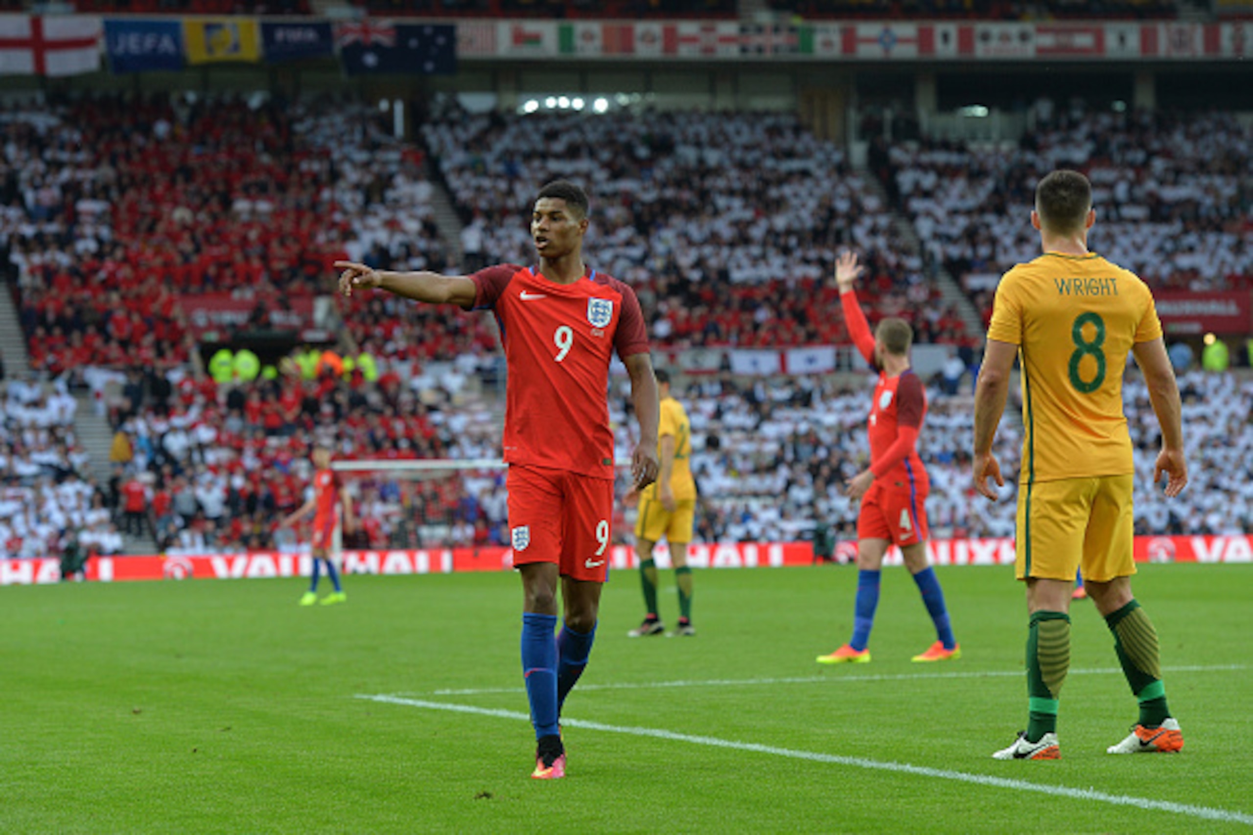 SUNDERLAND, ENGLAND - MAY 27: Marcus Rashford of England gestures to a team mate during the International Friendly match between England and Australia at Stadium of Light on May 27, 2016 in Sunderland, England. (Photo by Mark Runnacles/Getty Images)